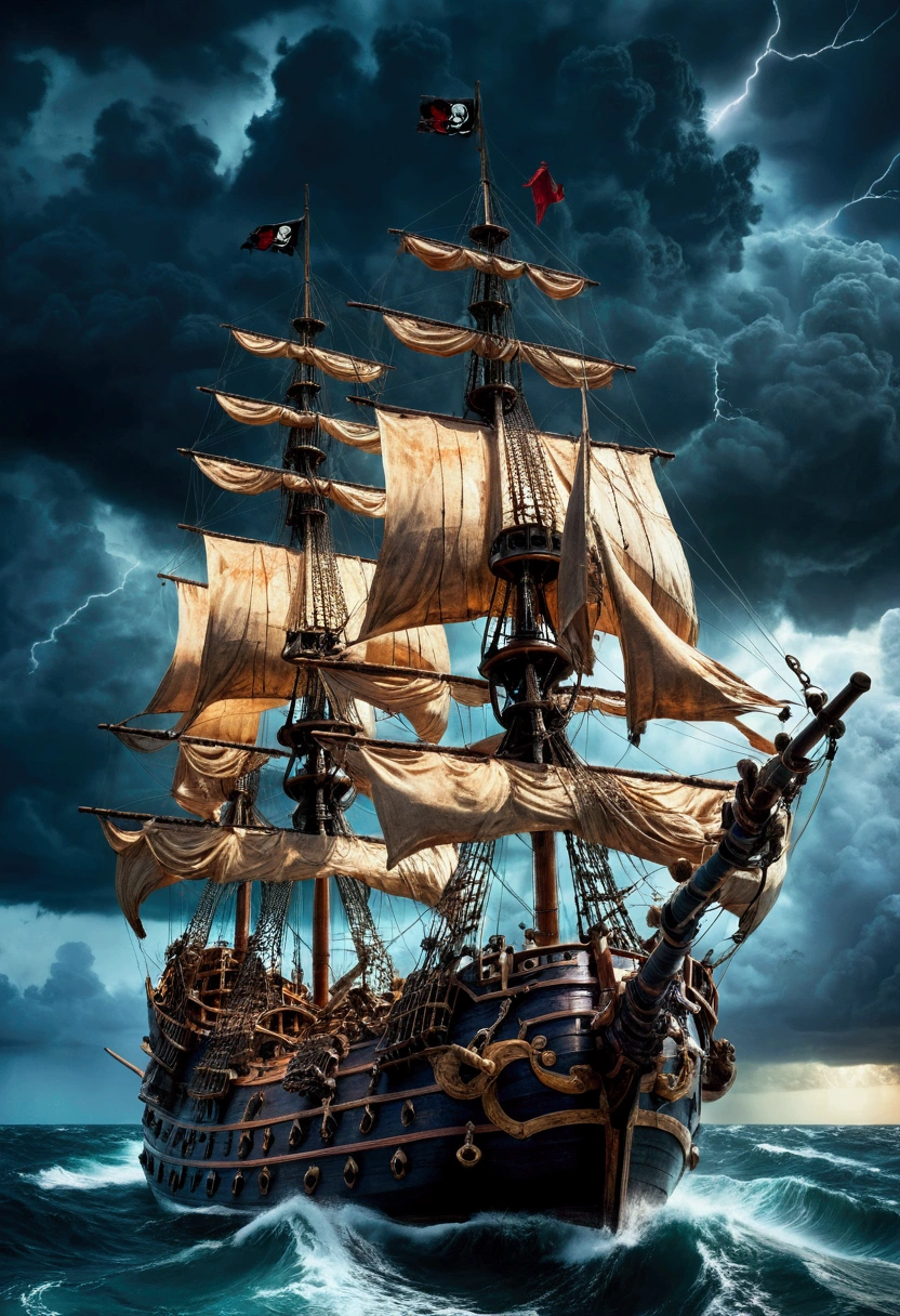 Pirate War, A pirate ship sailing on a stormy sea, dark clouds in the sky, lightning strikes, crew members battling with swords, cannons firing, treasure chest on the deck, detailed gritty textures, dramatic lighting, moody color palette, (4k,8k,highres:1.2), ultra-detailed, cinematic, action adventure, hyper detailed, masterpiece, best quality, very aesthetic, absurdres