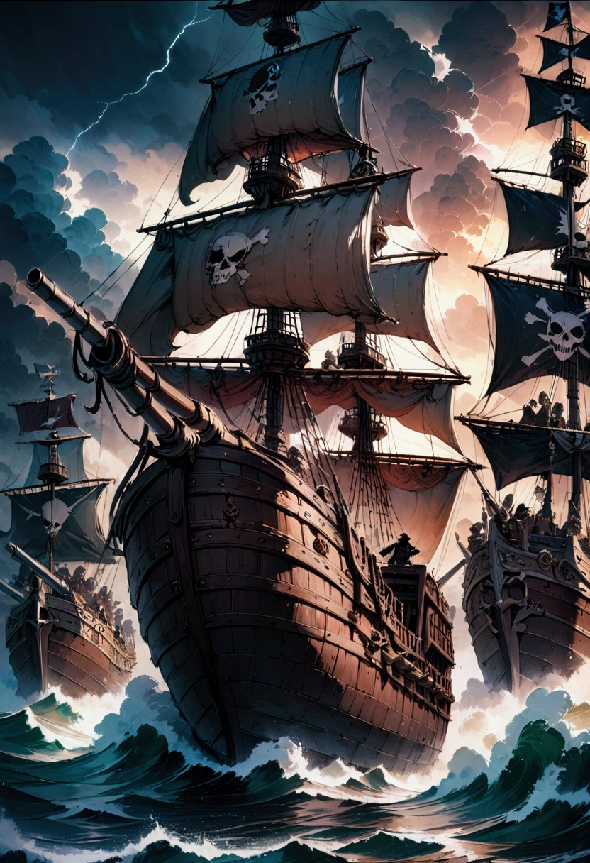 Pirate War, A pirate ship sailing on a stormy sea, dark clouds in the sky, lightning strikes, crew members battling with swords, cannons firing, treasure chest on the deck, detailed gritty textures, dramatic lighting, moody color palette, (4k,8k,highres:1.2), ultra-detailed, cinematic, action adventure, hyper detailed, masterpiece, best quality, very aesthetic, absurdres