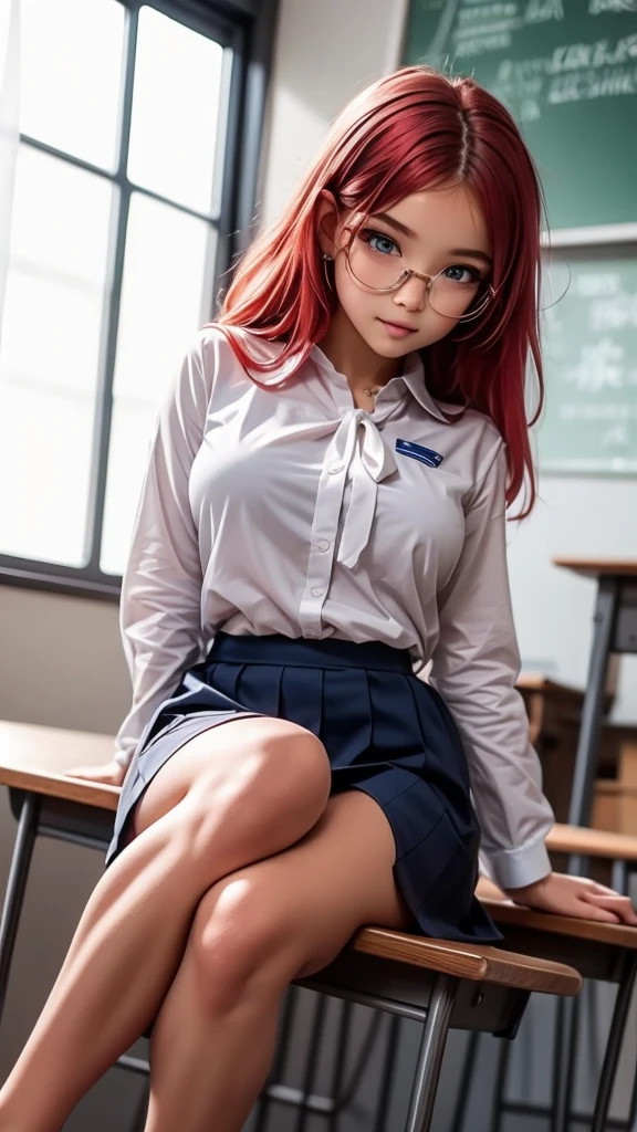1girl,cute face,baby face,long red hair,shiny hair,soft skin,soft smile, looking at me,big blue eyes, thick thighs,wearing school uniform,white shirt,blue tie,black skirt,sitting on the desk,class room,shorts,,intricate_details_xl,Classic Anime Style SDLX ,Thick waifus