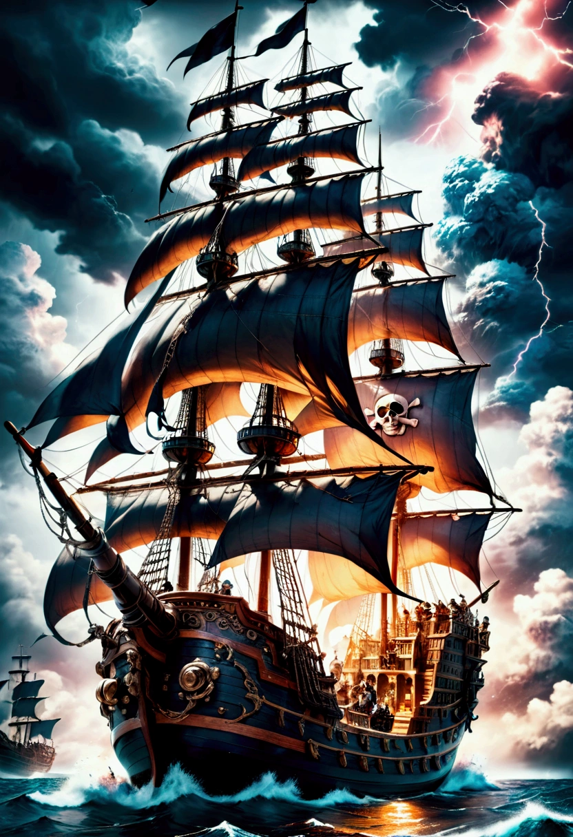 Pirate War, A pirate ship sailing on a stormy sea, dark clouds in the sky, lightning strikes, crew members battling with swords, cannons firing, treasure chest on the deck, detailed gritty textures, dramatic lighting, moody color palette, (4k,8k,highres:1.2), ultra-detailed, cinematic, action adventure, hyper detailed, masterpiece, best quality, very aesthetic, absurdres