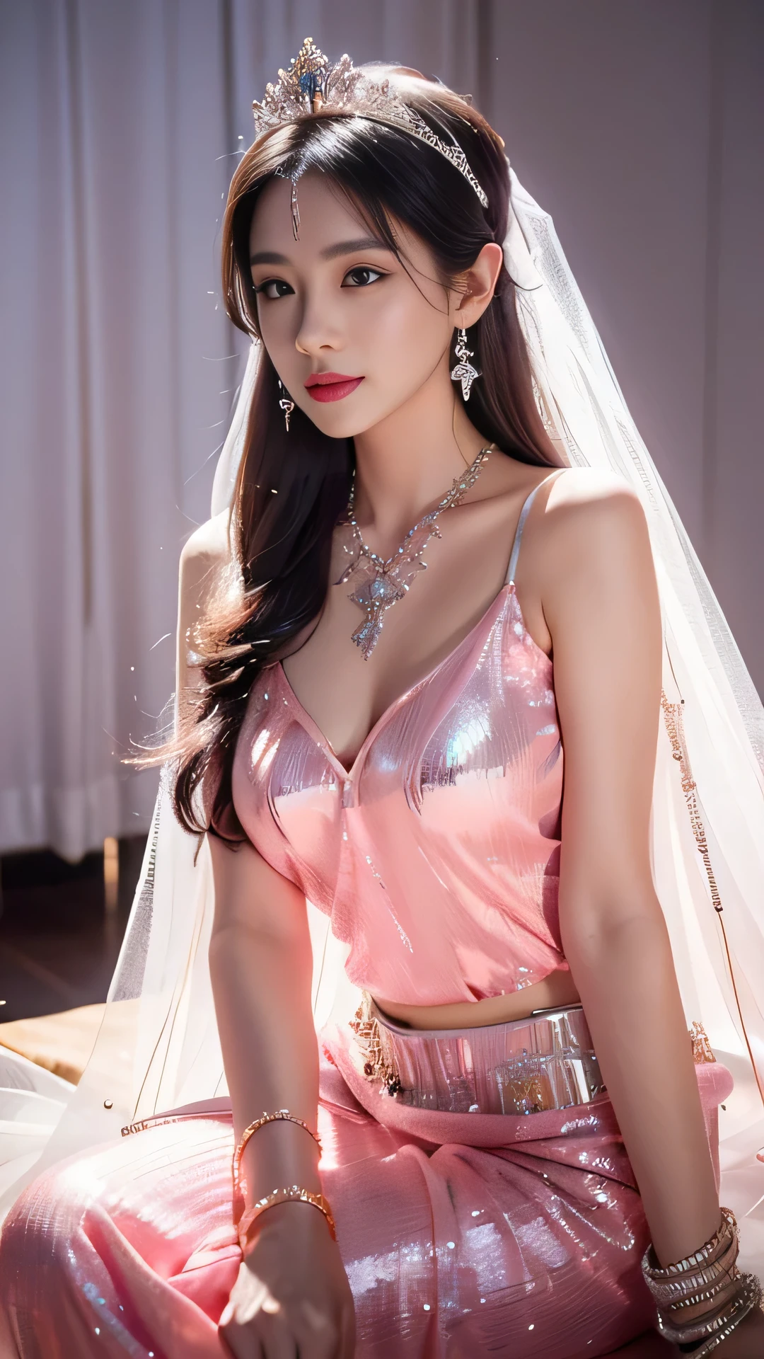 4K, UHD, masterpeice, 1 girl, good face, happy face, ((white skin)), detailed eyes, detailed lipstick, very long hair, straight hair, very long hair, beautiful hair, hair ornaments, hairband, gradient hair, ((pink mesh)), ((princess clothing)), ((decorated clothing)), ((sardine)), ((sparkle clothing)), ((pink lace)), ((diamond bracelet)), ((pendant)), ((ornaments:1.5)), necklace, earring, high lighting, ((in the wedding stage)), fujicolor, depth of field, ray tracing, ultra realistic detailes, sitting,