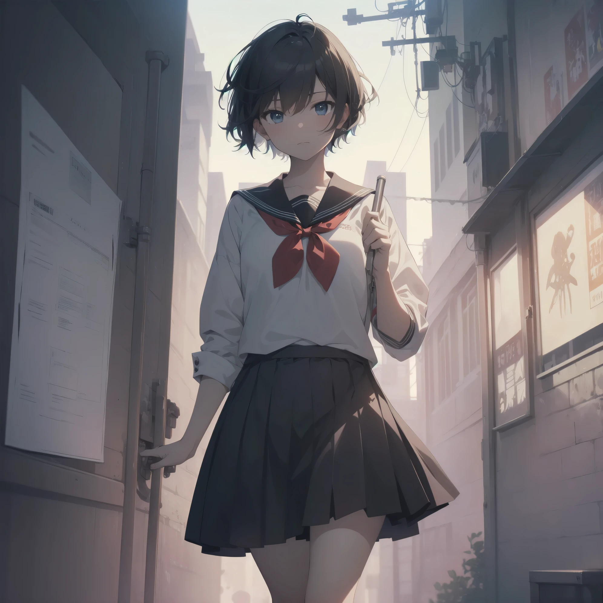 ultra-absurdres-Top quality by artist God, ultra-detailed, high resolution, anime moe artstyle, best anime 8k konachan wallpaper, pixiv contest winner, pool:2810, perfect anatomy,break, 1girl, (Please draw a girl walking sleepily to school alone. )break,(Solo,little female, 13-year-old:1.3),Full limbs, complete fingers,a junior high school student, (very short hair), short cut, flat chest, , small butt, small black eyes, beautiful detailed eyes, well-proportioned iris and pupils, expressive eyes, highres detailed hair, soft expression, salor school_uniform, sailor collar, serahuku, bow, pleated skirt,(Detailed Lighting), (Detailed background), in the School commute route. break,super detailed skin, Best cinematic lighting powered by famous artist, 8k,beauty illustration,photoshop_(medium),very aesthetic,break,((artist:kashikaze )), artist:clamp ,artist:carnelian ,artist:kantoku ,