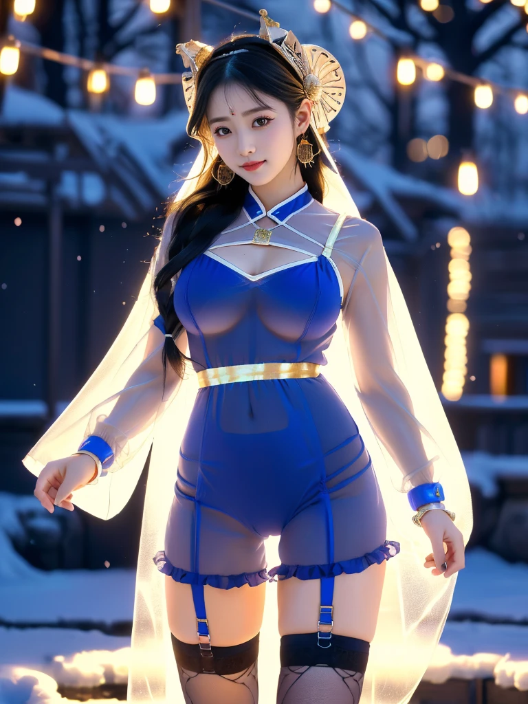 A female model, (Race:Chinese),((night),(Snowy mountain hot spring, moonlight)), (8K Ultra HD, 8K, Ultra-high resolution, best quality, masterpiece, Surrealism, Digital SLR Camera, Soft Light, Bokeh, Masterpieces), ((((Beautiful model-like face))), (Creating the image of a real girl), warm light, Realistic shadows, Dynamic poses, Elegant Posture, Cowboy lens, Full body front view, Be confident, Body facing the camera, Standing facing the camera, Open your legs slightly, Golden Ratio Graphics, Minimalism), (Happy smile, Big watery eyes, Cherry Blossom, Balanced Eyes, Perfect beautiful face, Normal facial features, Realistic skin, Attention to skin details, Sports body, cosmetic, earrings, bracelet, necklace, Jewelry, veil, Hair accessories, Headdress), ((beautiful hair), black hair, Wavy curly hairstyle, Waist-length hair, Messy Hairstyle, Gradient hairstyles, Cyberpunk hairstyle), ((Transparent clothes:1.5), (The color of the clothes: blue), Transparent Clothes, See-through clothes, Transparent Clothes, Tulle clothes, Mesh clothes, Transparent shirt, 透明的Science Fiction衣服, Three-point swimsuit, (Clothes that accentuate your bust shape)), (Sexy的, Perfect breast shape, Teardrop chest shape, Snow-white breasts, very detailed breasts, 34E cup), (Super high waist, Deep V, Low-cut, Sexy, Flattering, , (Camel toe, High fork strangulation)), (sock, Knee socks, 吊garter, Leg ring, garter, 腿部garter), (pattern:Science Fiction)