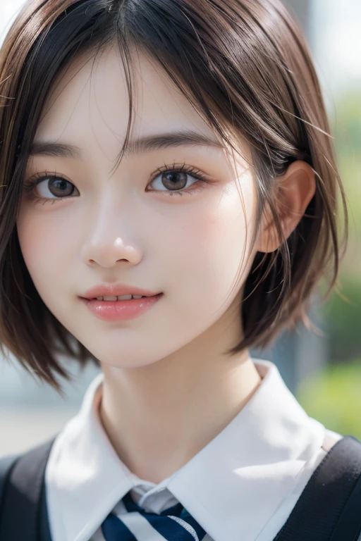 ((Cute 15 year old Japanese))、on the road、Highly detailed face、Pay attention to the details、double eyelid、Beautiful thin nose、Sharp focus:1.2、Beautiful woman:1.4、Short Bob Cut、Pure white skin、Highest quality、masterpiece、Ultra-high resolution、(Realistic:1.4)、Highly detailed and professional lighting、nice smile、Japanese school girl uniform