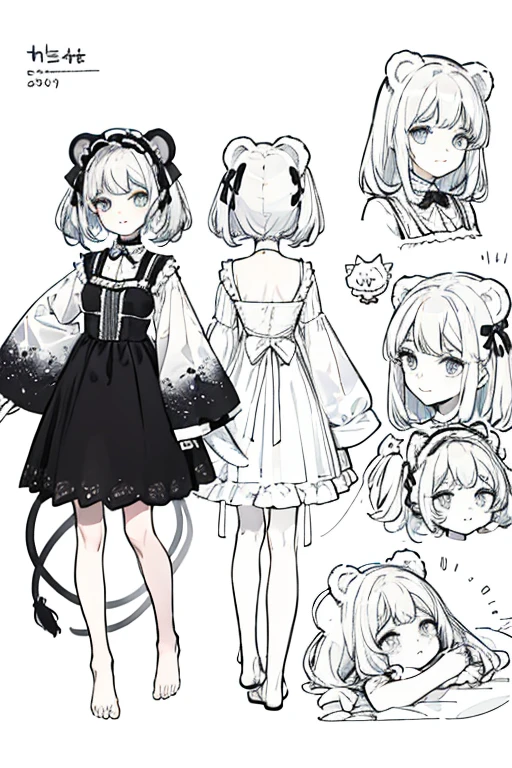 Generate three views:1.5，That is, positive，Side and rear view，Head to Body Ratio 1:2，2D character concept design，Full body portrait，Crayon Shin-chan face shape，Winter melon face shape，Cat paws，Bear Paw，Cat feet，personal，Rabbit feet，Barefoot，No image，Clean background，Highest quality，masterpiece，detail，Q version style，Lolita clothing，