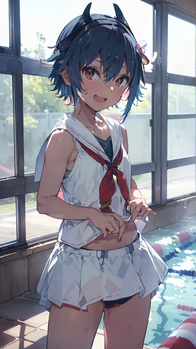 masterpiece, Highest quality, High resolution, Very detailed,(((Mikoto Naruka))), (((Poolside)))、(((Laughing out loud。)))、(((Standing in the distance))), (((Facing forward。))), night, (((Tile wall))), (((window))), (((Panty shot。))), (((Black underwear))), (((School swimming pool))), (((White Skirt))), , (((Underwear is visible。)))