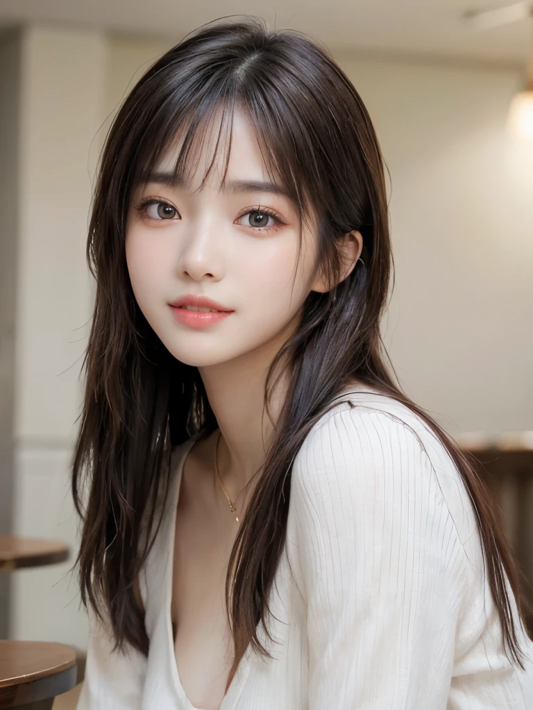 ((masterpiece: 1.3),8k, Realistic, RAW Photos, Highest quality: 1.4),whole body、 (One Girl), beautiful顔, (Realistic Face), (Brown long hair: 1.3), bangs, Perfect dynamic composition,(High quality with attention to detail, Realistic depiction of eyes:1.3)、(((fullbody shot, whole body、Gingham Check One Piece、Cafe)))、 profile、21talent、beauty、Well-formed face、Make the eyes even、Banditium Build、Balanced ratio、beautiful足、Fresh face、beautiful景色、beautifulヘアスタイル, (bangs), (smile), smile, Realistic eyes, Gloss, highlight, highlight in the Eyes, eyelash, 目の中のbeautifulディテール, (Realistic Skin), Shooting from the air、beautiful肌, Transparency、(beautiful)、 smile, teeth, Confused, charm, 超High resolution, Ultra-realistic, High resolution, Golden Ratio, clear eyes, Wet, Looking into the camera, ear, Shine, Long neck, double eyelid, Thin eyebrows、Big eyes, cheek, kind character, charm personality, kind, 圧倒的なcharm, bright personality
