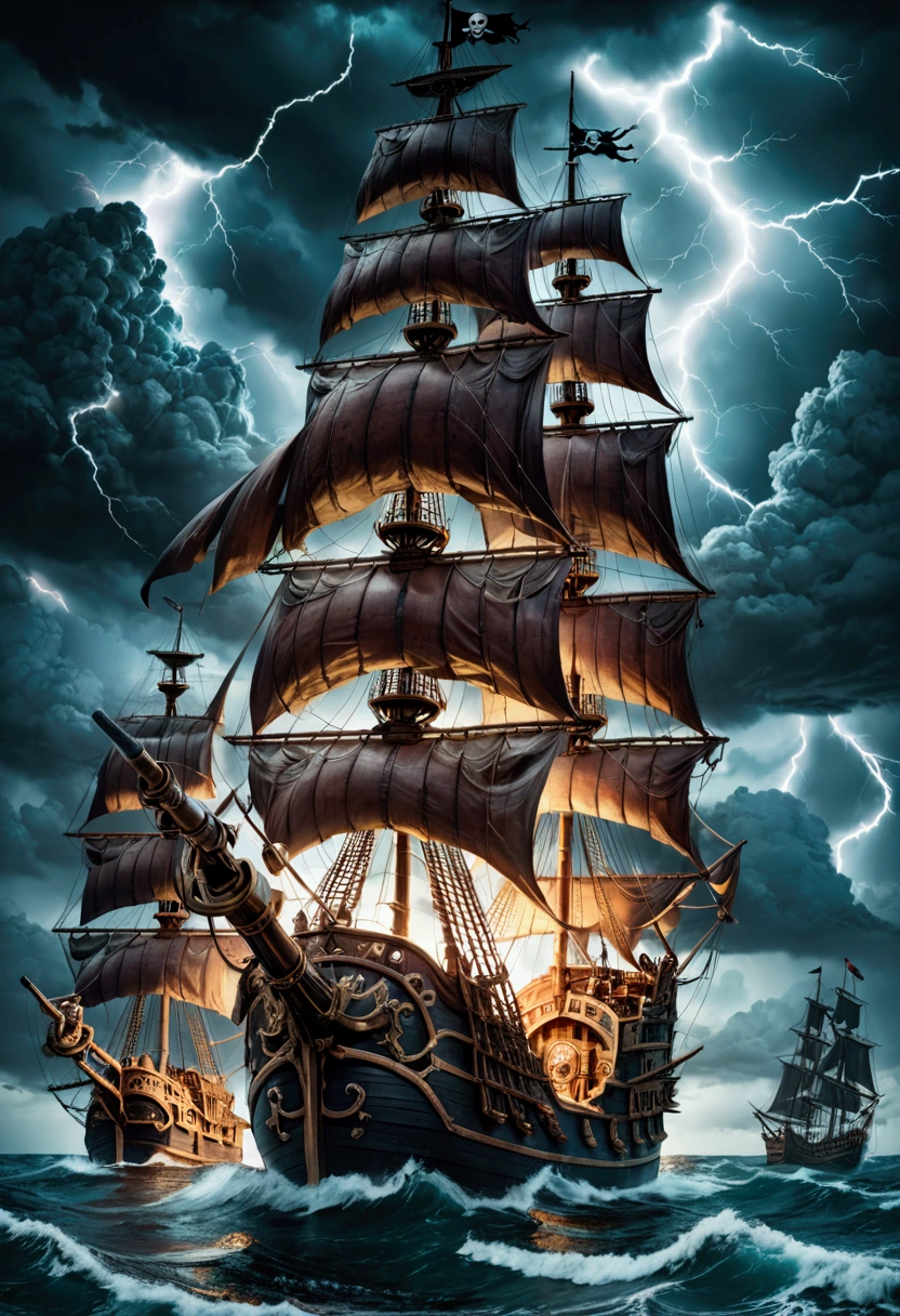 Pirate War, A pirate ship sailing on a stormy sea, dark clouds in the sky, lightning strikes, crew members battling with swords, cannons firing, treasure chest on the deck, detailed gritty textures, dramatic lighting, moody color palette, (4k,8k,highres:1.2), ultra-detailed, cinematic, action adventure, hyper detailed, masterpiece, best quality, very aesthetic, absurdres