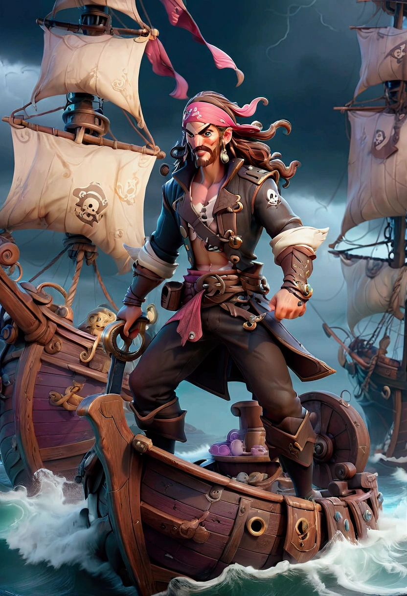 Pirate War, A pirate ship sailing on a stormy sea, dark clouds in the sky, lightning strikes, crew members battling with swords, cannons firing, treasure chest on the deck, detailed gritty textures, dramatic lighting, moody color palette, (4k,8k,highres:1.2), ultra-detailed, cinematic, action adventure, hyper detailed, masterpiece, best quality, very aesthetic, absurdres