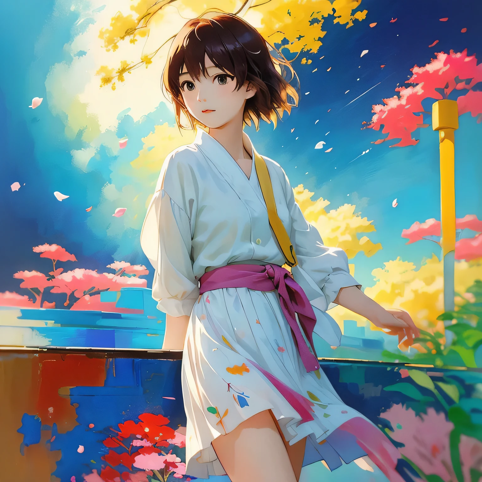 masterpiece, best quality, Makoto Shinkai style, Simple Line Initialism,Abstract art,Urban Background, (((The most beautiful girl of all time))), Sweet face. Lips in love, colorful hearts, stylish design, 夏のオシャレなTシャツ, 黒い瞳
