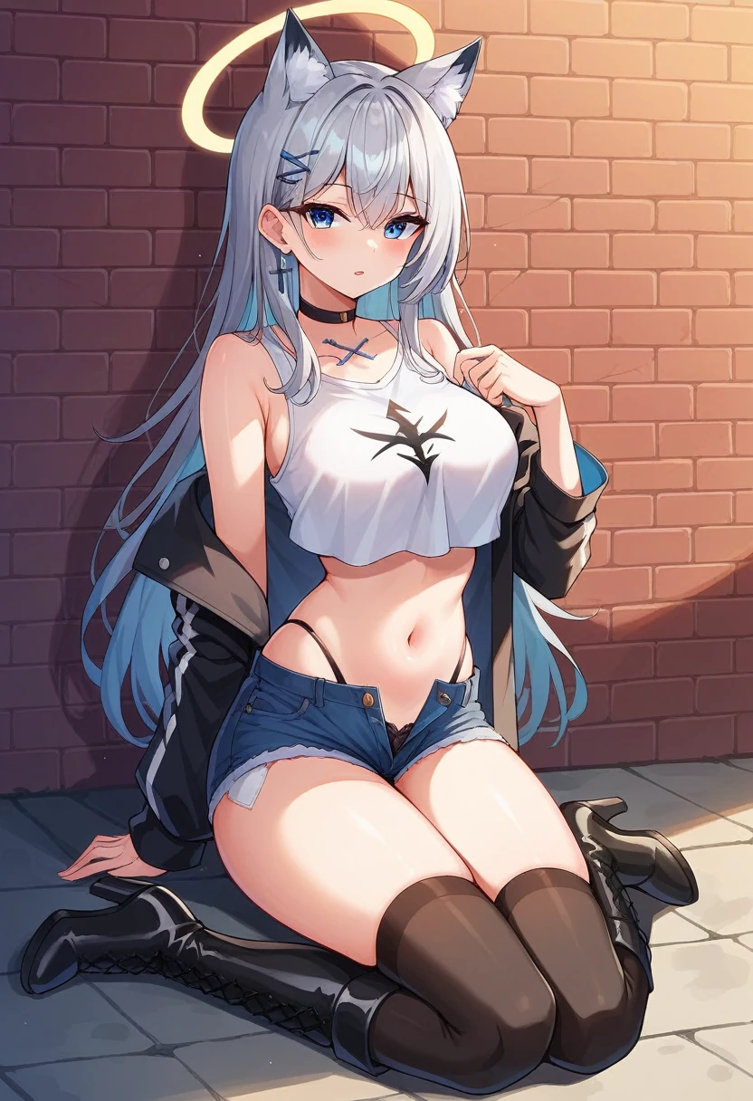 1girl, solo, long hair, breasts, looking at viewer, bangs, blue eyes, large breasts, shirt, hair ornament, thighhighs, long sleeves, hat, navel, animal ears, bare shoulders, sitting, underwear, jacket, full body, white shirt, grey hair, thighs, boots, parted lips, open clothes, shorts, sleeveless, alternate costume, choker, midriff, black thighhighs, off shoulder, stomach, black footwear, high heels, black jacket, crop top, animal ear fluff, short shorts, sleeveless shirt, thigh boots, highleg, black choker, halo, denim, extra ears, cross-laced footwear, high heel boots, blue shorts, denim shorts, lace-up boots, open fly, cutoffs, brick wall, micro shorts