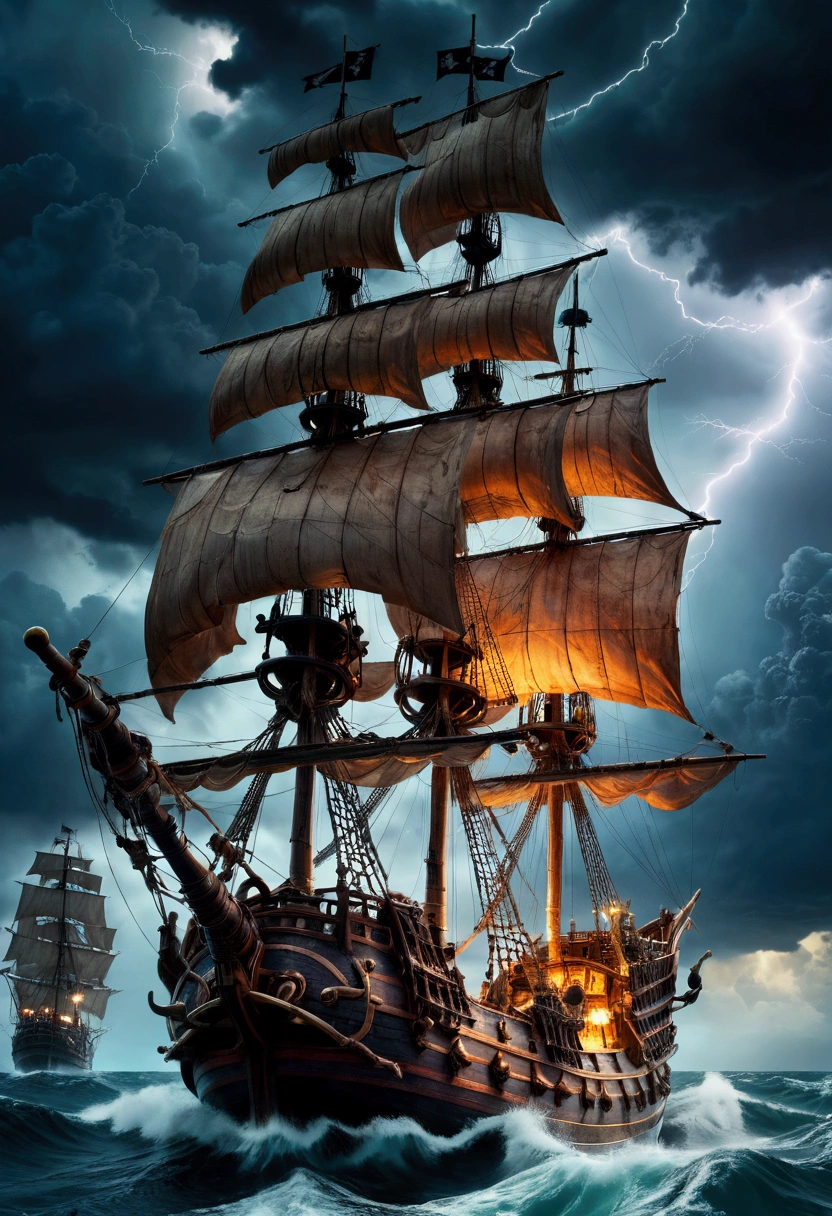 Pirate War, A pirate ship sailing on a stormy sea, dark clouds in the sky, lightning strikes, crew members battling with swords, cannons firing, treasure chest on the deck, detailed gritty textures, dramatic lighting, moody color palette, (4k,8k,highres:1.2), ultra-detailed, cinematic, action adventure, hyper detailed, masterpiece, best quality, very aesthetic, absurdres