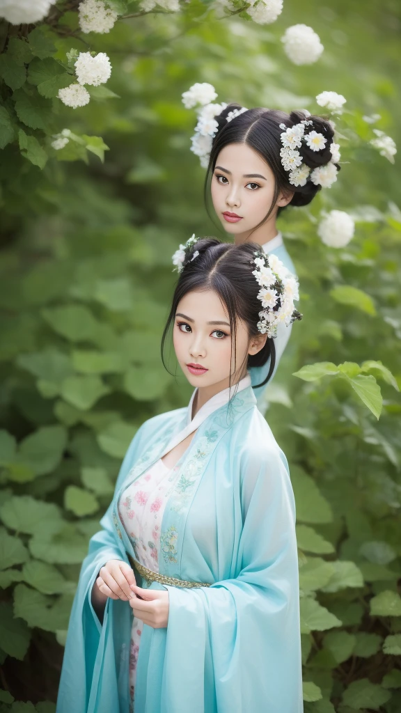 Fashion model , [[[[boobgasm]]]], [[[[coll]]]], [[[[bshoulders]]]], perfect  eyes, Perfect iris，Perfect skin，Long face，Soft front light，HDlmgirl,White period costume，Green leaves and flowers in the background，（pastel colour：1.2）