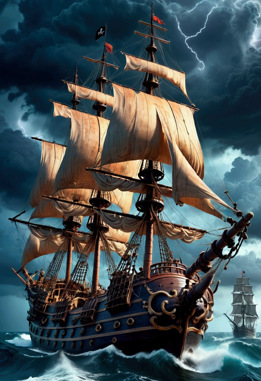 Pirate War, A pirate ship sailing on a stormy sea, dark clouds in the sky, lightning strikes, crew members battling with swords, cannons firing, treasure chest on the deck, detailed gritty textures, dramatic lighting, moody color palette, (4k,8k,highres:1.2), ultra-detailed, cinematic, action adventure, hyper detailed, masterpiece, best quality, very aesthetic, absurdres