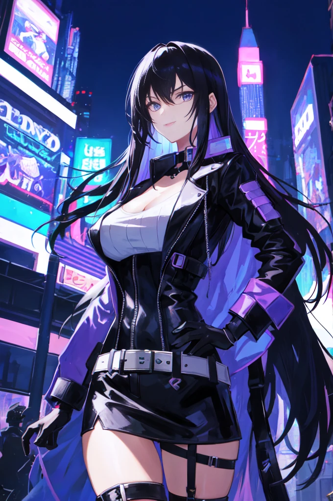 A close-up shot of a Cyberpunk anime girl with long, flowing black hair, framed by the neon-lit cityscape. She wears a chest- length leather jacket, accentuating her toned physique, and a provocative outfit that leaves little to the imagination. The camera captures her confident pose, gazing directly into the lens with a sly smile. The lighting is dimly lit, with flashes of blue and purple hues from the city's towering skyscrapers. The subject stands amidst a backdrop of futuristic architecture, blending seamlessly with the cyberpunk environment.