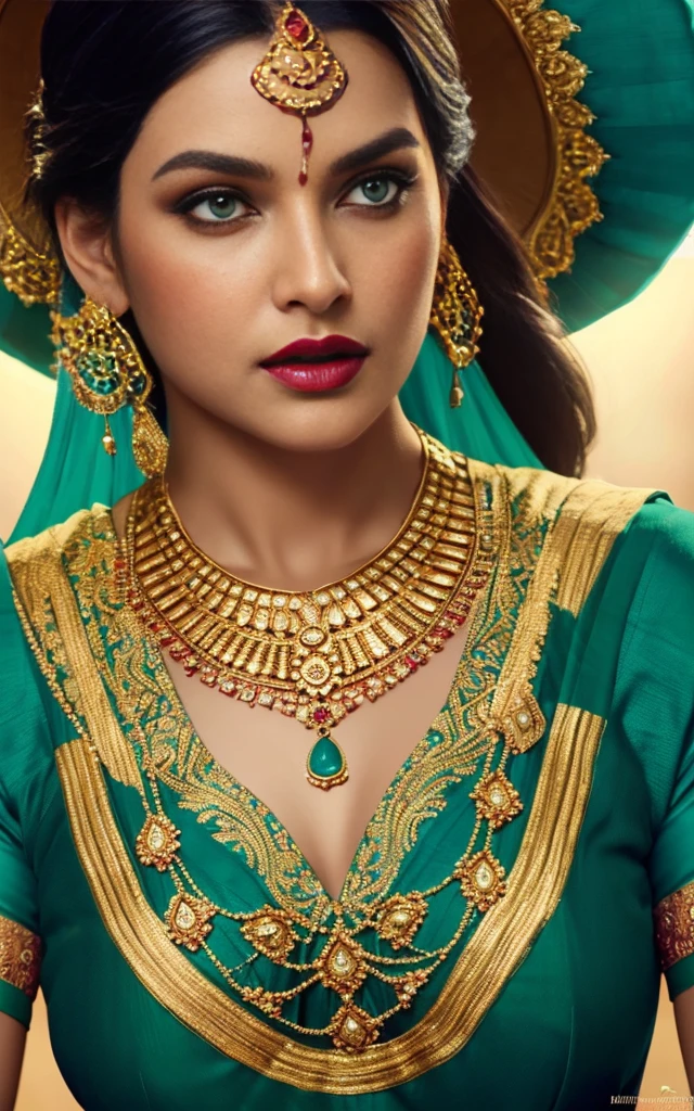 A mesmerizing vision of Indian femininity, dressed in teal,gold,magenta colors and ornate jewelry, her sensual presence captured in a stunning rendering.photoreal epic realism hyper realistic 