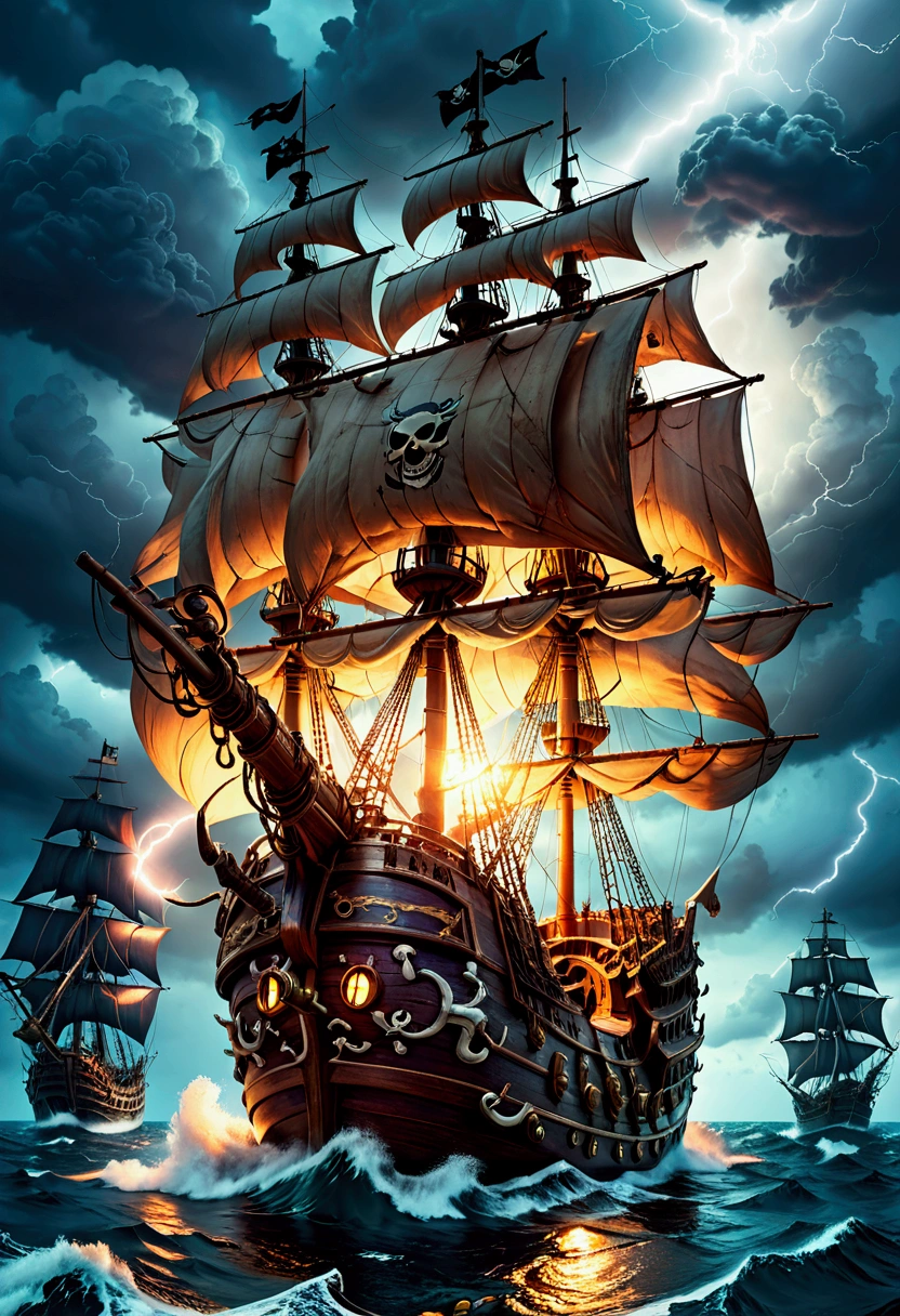 Pirate War, A pirate ship sailing on a stormy sea, dark clouds in the sky, lightning strikes, crew members battling with swords, cannons firing, treasure chest on the deck, detailed gritty textures, dramatic lighting, moody color palette, (4k,8k,highres:1.2), ultra-detailed, cinematic, action adventure, hyper detailed, masterpiece, best quality, very aesthetic, absurdres