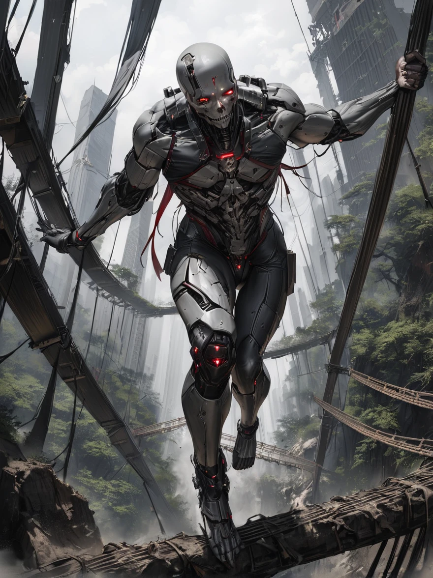 Masterpiece、8k.Beautiful down to the last detail、Face is a skull、Cyborg style, A ninja crouches on an elaborate suspension bridge in a post-apocalyptic world, Realistic, sf, high quality, High resolution