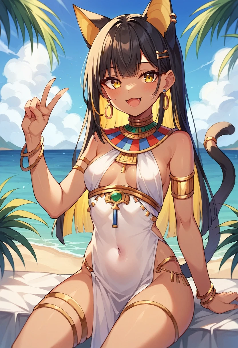 1girl, solo, long hair, breasts, looking at viewer, smile, open mouth, bangs, blonde hair, black hair, dress, animal ears, bare shoulders, jewelry, sitting, tail, yellow eyes, :d, multicolored hair, earrings, small breasts, outdoors, day, cat ears, dark skin, white dress, bracelet, two-tone hair, dark-skinned female, cat tail, v, covered navel, fangs, pelvic curtain, extra ears, armlet, colored inner hair, palm tree, thighlet, egyptian, egyptian clothes