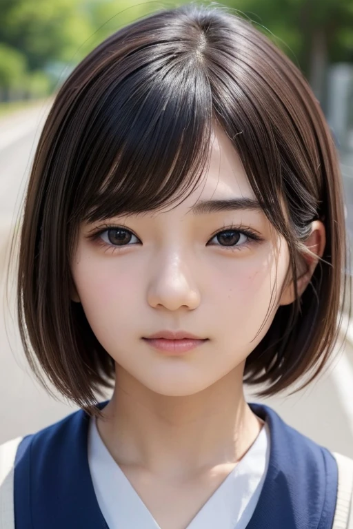 ((Cute 15 year old Japanese))、on the road、Highly detailed face、Pay attention to the details、double eyelid、Beautiful thin nose、Sharp focus:1.2、Beautiful woman:1.4、Short Bob Cut、Pure white skin、Highest quality、masterpiece、Ultra-high resolution、(Realistic:1.4)、Highly detailed and professional lighting、nice smile、Japanese school girl uniform