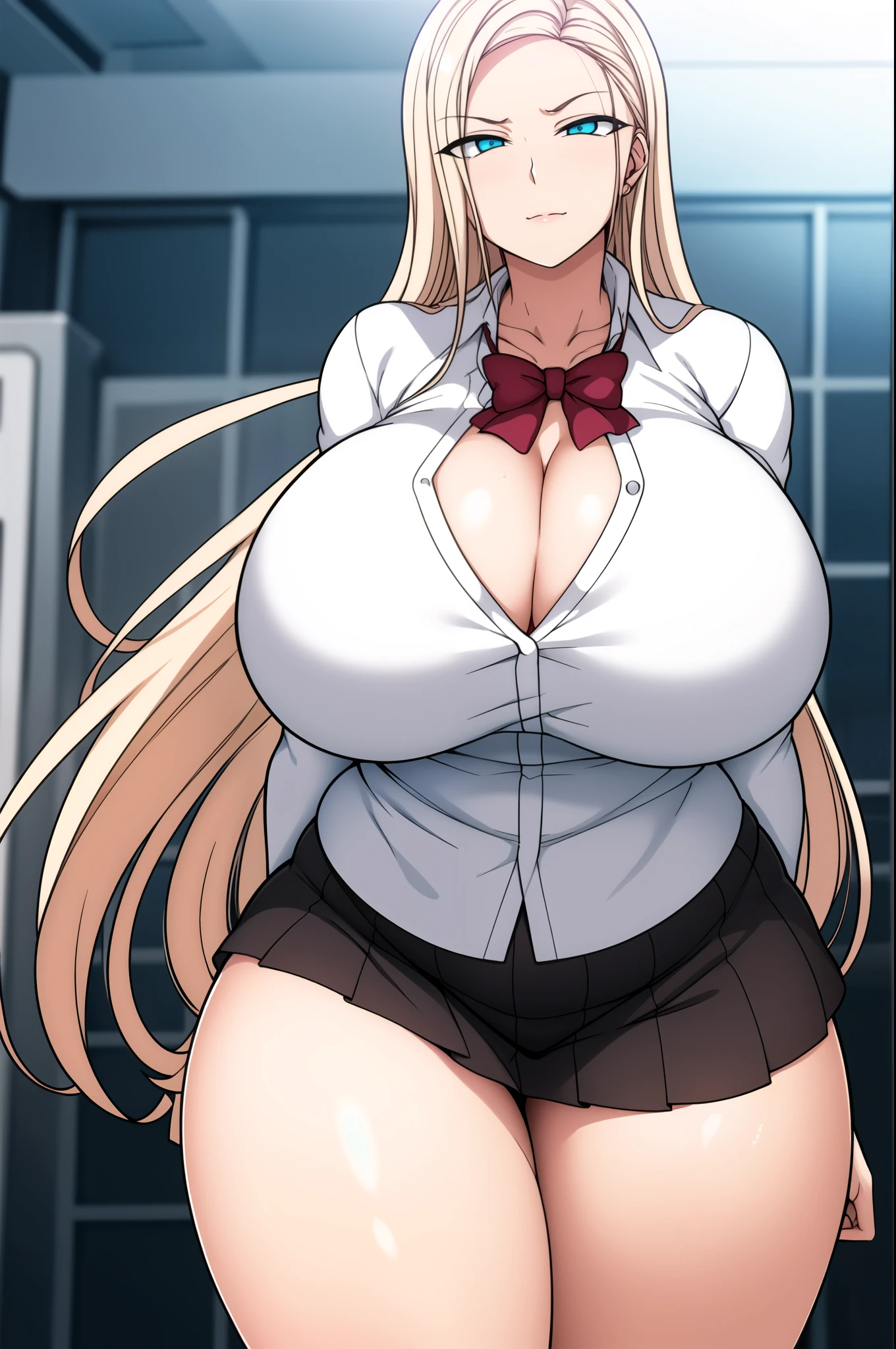 Simple White Background,
white_collared_shirt,skirt,collarbone,red_bowtie,
blonde_hair, blue_eyes,long_hair,parted_bangs, (cleavage), (skimpy clothes),
1 girl, 20yo,Young female,Beautiful Finger,Beautiful long legs,Beautiful body,
Beautiful Nose,Beautiful character design, perfect eyes, perfect face,expressive eyes,perfect balance,
looking at viewer,(Focus on her face),closed mouth, (innocent_big_eyes:1.0),(Light_Smile:0.3),
official art,extremely detailed CG unity 8k wallpaper, perfect lighting,Colorful, Bright_Front_face_Lighting,White skin,
(masterpiece:1.0),(best_quality:1.0), ultra high res,4K,ultra-detailed,
photography, 8K, HDR, highres, absurdres:1.2, Kodak portra 400, film grain, blurry background, bokeh:1.2, lens flare, (vibrant_color:1.2),professional photograph, (thick thighs), (thickest thighs), (thickness),
(Beautiful,huge_Breasts:1.4), (beautiful_face:1.5),(narrow_waist), (huge_breasts), (big breasts, )massive breasts),