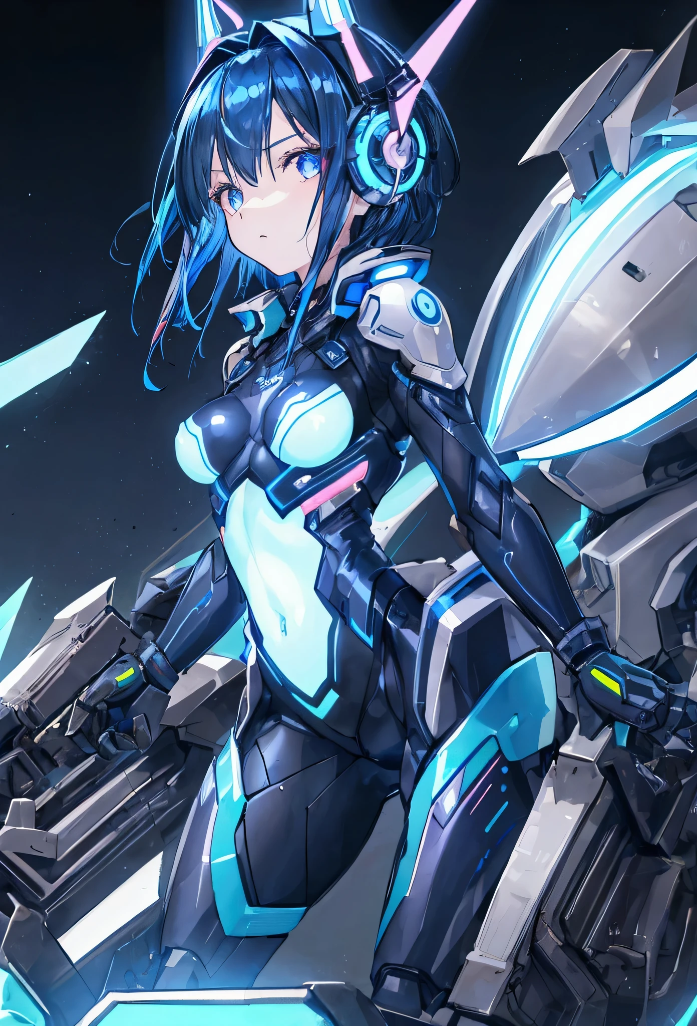 1girl, solo, (adolescent:1.4), small breasts, dark blue hair with neon streak, mechanical headgear, expressive poses, bright LED, skin-tight chrome pilot suit, simple background.