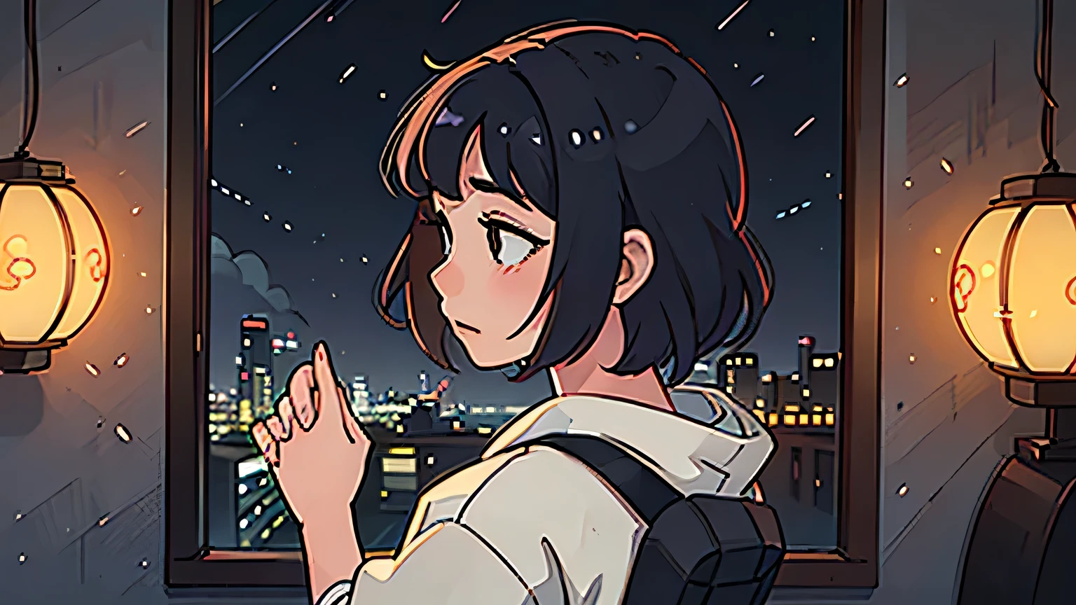 Create a scene of a 16-year-old female looking out a window, Listening to music through headphones, Quiet and relaxing environment, Short black hair, Rear view, Gazing at the Horizon, At night, and through the window you can see fireflies and a beautiful landscape full of stars At night, Characters with detailed faces, hands and hair,Illustration Style、Showa Anime、Ukiyo-e、((girl))、Tokyo、Soft Touch、((Modern))、winter、High resolution, samba, Latina,Rainy night,Tokyo