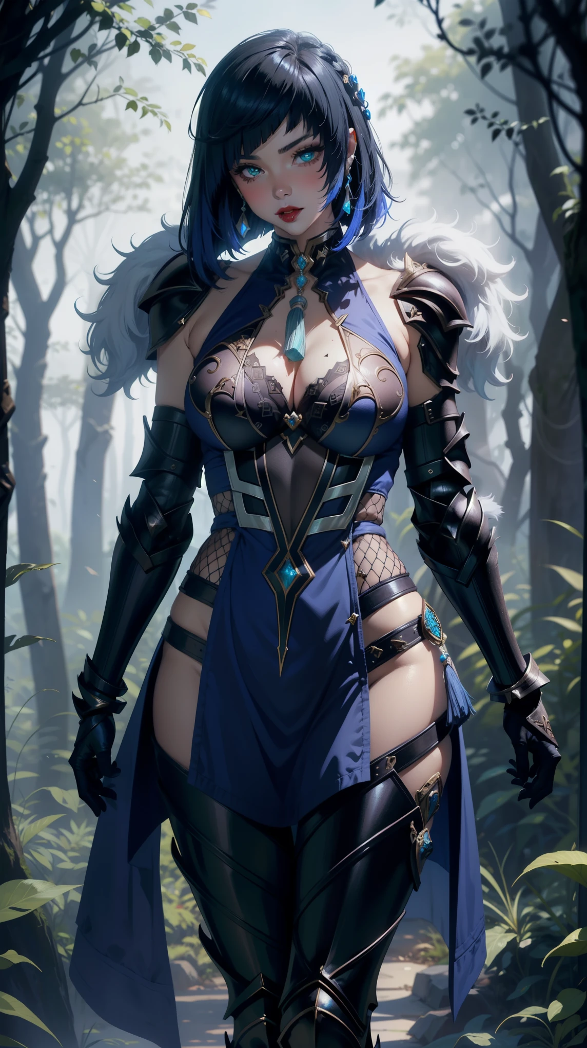 1female, (night), blush, large breasts, erotic pose, red lip, pretty face, elegant, masterpiece, ultra detail, jewellery, eyeliner, (dark forest), (sexy armor:1.8), (fantasy vibes:1.5), navel,