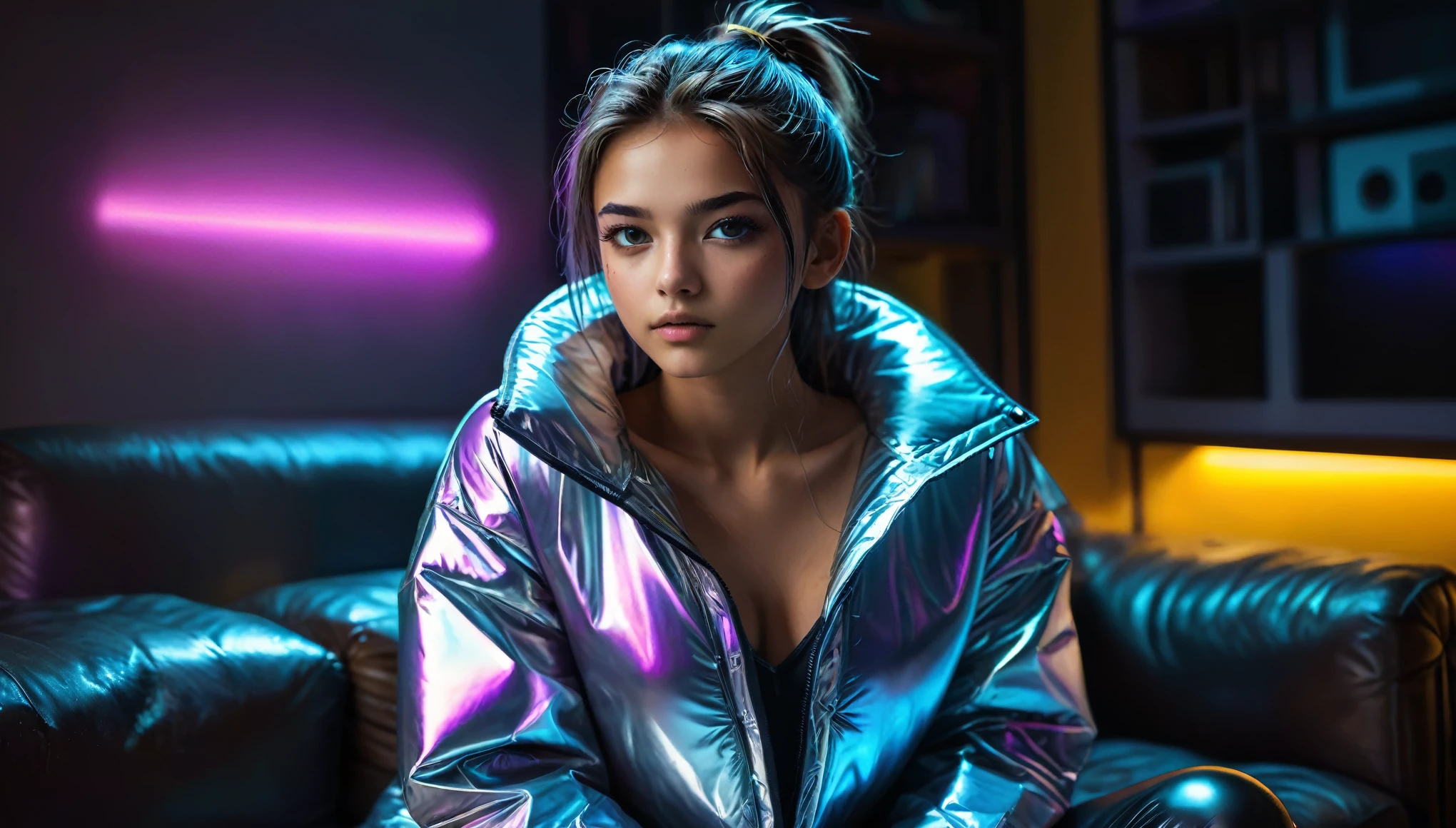 Top Quality, Masterpiece, High Resolution, 8k, (cute skinny girl ((((in oversized loose shiny puffer crop t with deep cleavage, deep n))) and wetlook leggings, ((small perky breasts)), beautiful detyes, beautiful detailed lips, small closed mouth, extremely detailed face, tanned skin, long slick ponytail hair, small hips, some tattoos, very young girl, teenage girl), (((in cyberpunk tment, random pose next to a couch))), moody atmosphere, random dramatic and neon colors, futuristic setting, intricate details, at night, backlit, full body shot