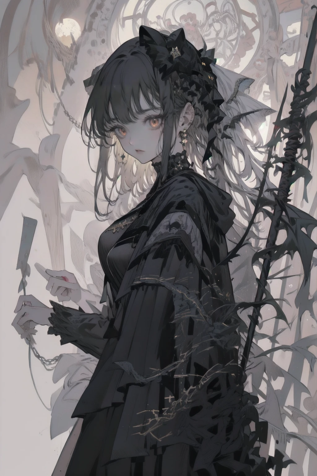 Create an image set with a photorealistic dark chapel, Illuminated only by moonlight, Featuring an anime-style girl character as the central character. She is portrayed as an evil guru., She is wearing a jet black dress with a striking black veil., Pale skin, And long black nails. Her eyes are bright red, Adding to her eerie presence. Pagan God々Surround her with symbols of, Integrating them into the dark chapel environment. The contrast between the realistic chapel and the stylized anime girl should be striking., Emphasizing the integration of various artistic mediums.