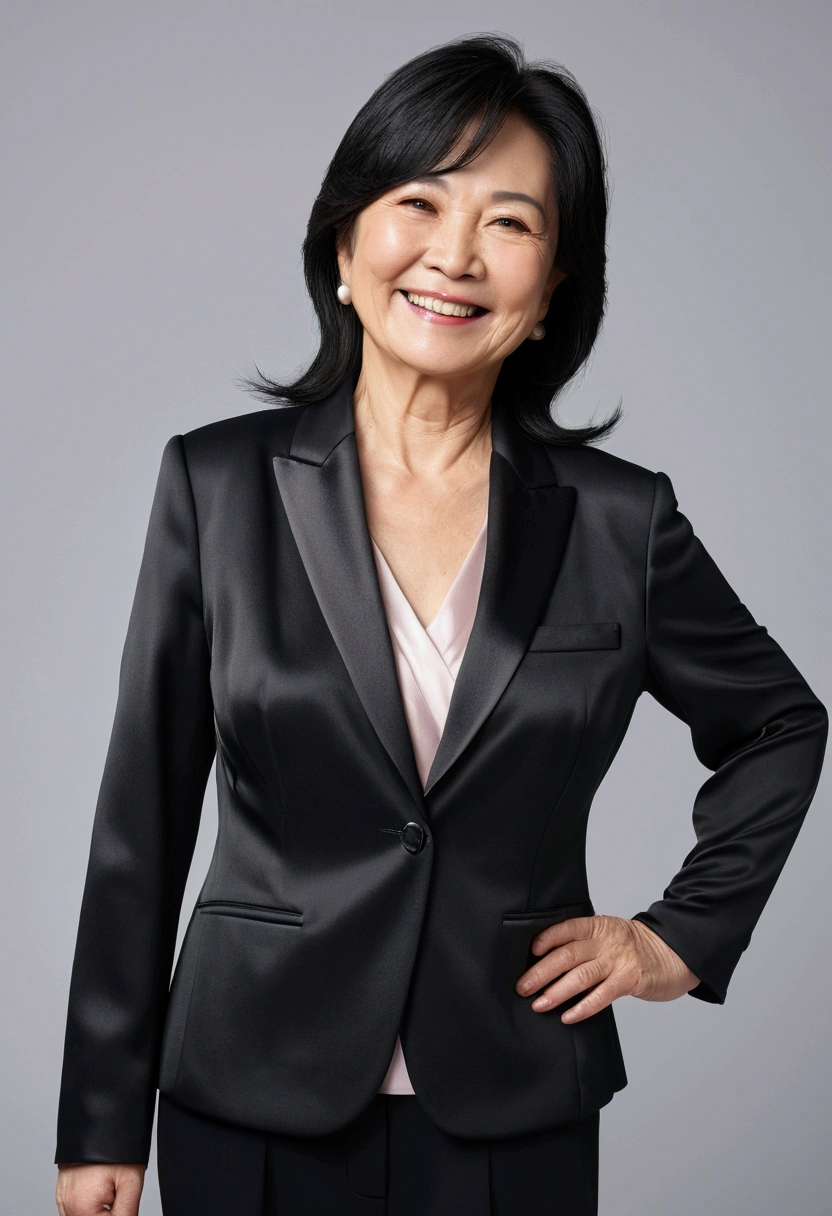 Photo quality, high quality, 4k, Japanese, Drooling middle-aged woman, 56 years old, Shiny black formal suit jacket with satin fabric on bare skin, Smiling, Black hair, Straight hair down to waist,