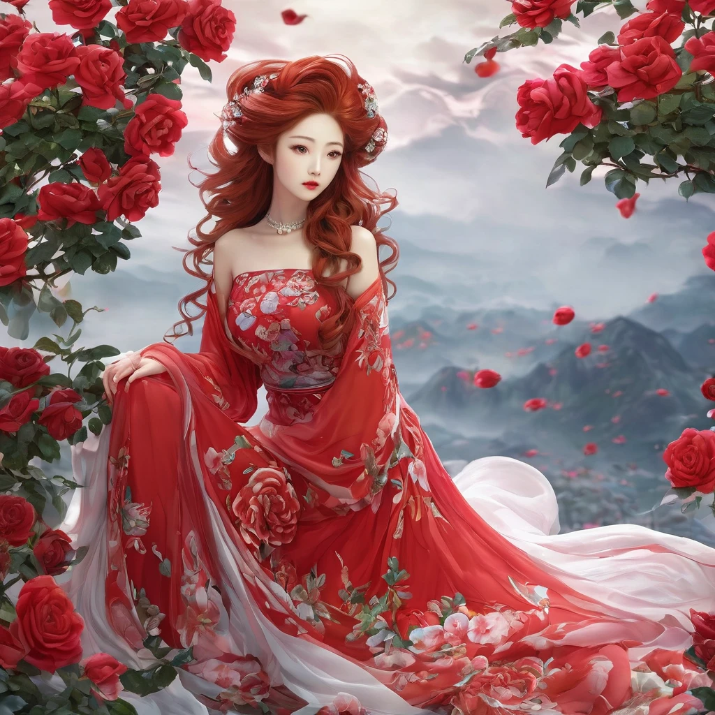 best quality,masterpiece,Ultra-high resolution,(truthfully:1.4),rose bush（background）,Oriental rose flower goddess girl,Long red hair,Cute eyes,Hot body,Wearing a beautiful red rose dress（Gödelian）,kneeling among the roses,