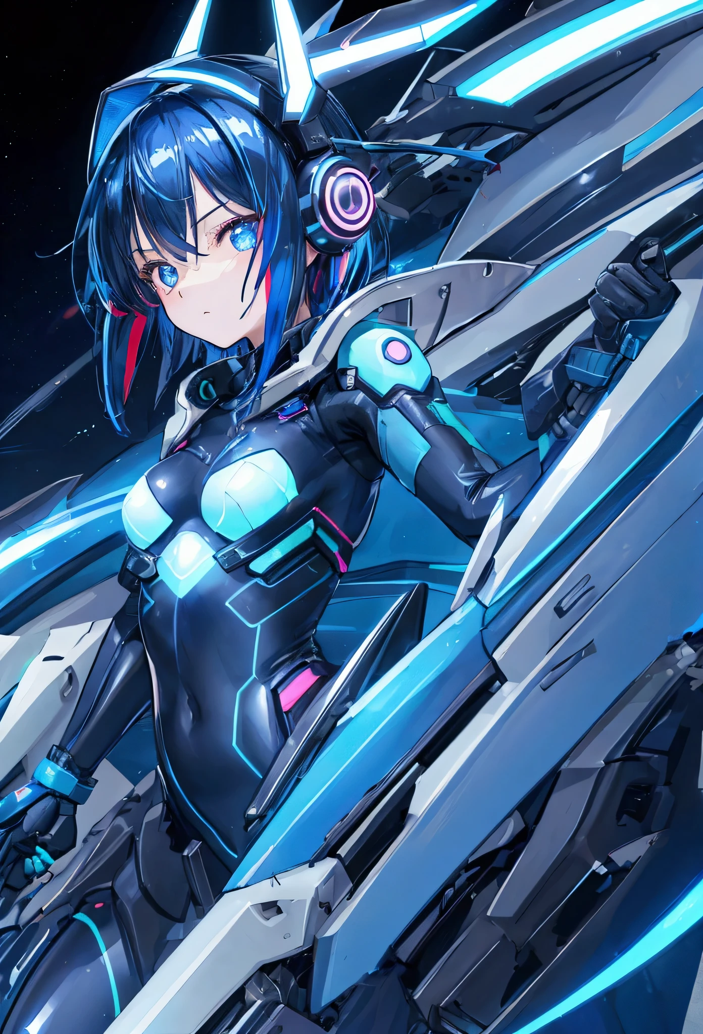 1girl, solo, (adolescent:1.4), small breasts, dark blue hair with neon streak, mechanical headgear, expressive poses, bright LED, skin-tight chrome pilot suit, simple background.