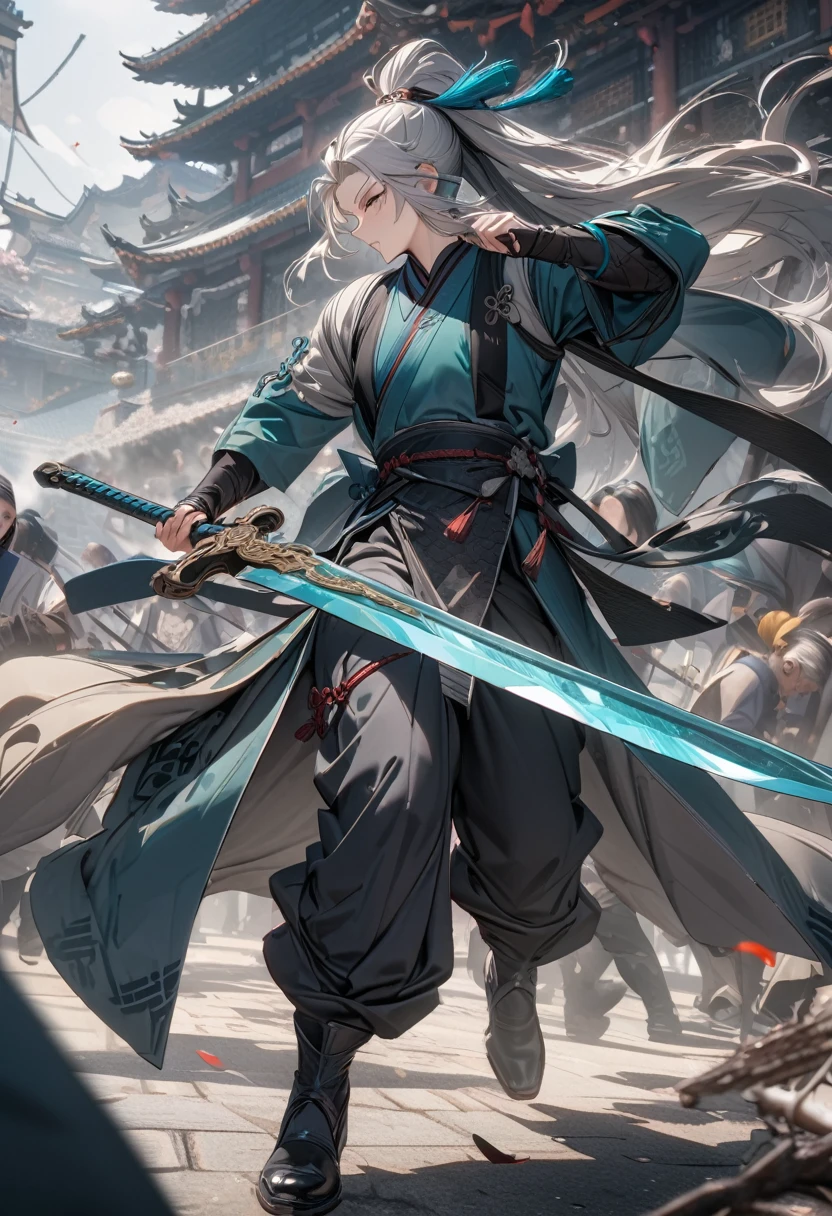 masterpiece, 8k, best quality, highly detailed, an older human male wielding a dark grey & teal long sword resembling a chinese xian