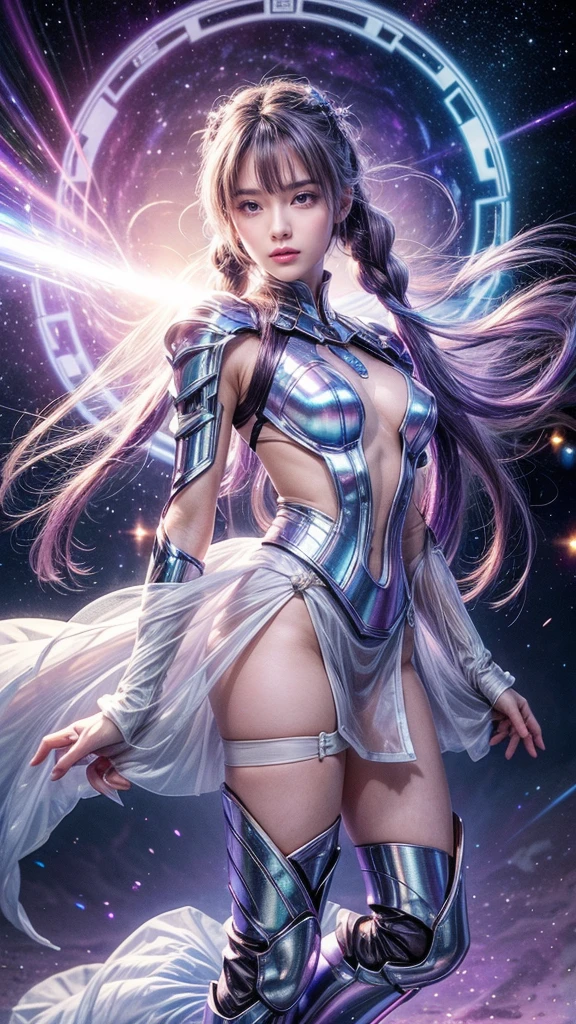 best quality, super fine, 16k, incredibly absurdres, extremely detailed, delicate and dynamic, a cool and beautiful pretty female cyber warrior who fights with a gigantic beautiful transparent and translucent shining goddess, her hair gradating from white to purple as it goes to the tips, with long braided low twintails, iridescent magic circle, background space galaxy far away