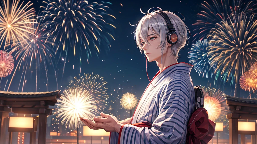 A man in a yukata with silver hair and slanted eyes、vocal、headphone、Background Fireworks Display