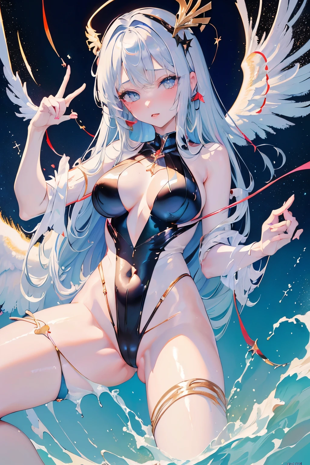 The erotic silver saint in a super high-cut, risqué slingshot and string swimsuit is embarrassed as she spreads her legs in a cheer.（（（ＳＦＷ、sound、Highest quality、first-class、masterpiece、Normal body、8k、Detailed face、Ultra-precision、Normal hand、Normal finger、５Finger、Highest）））