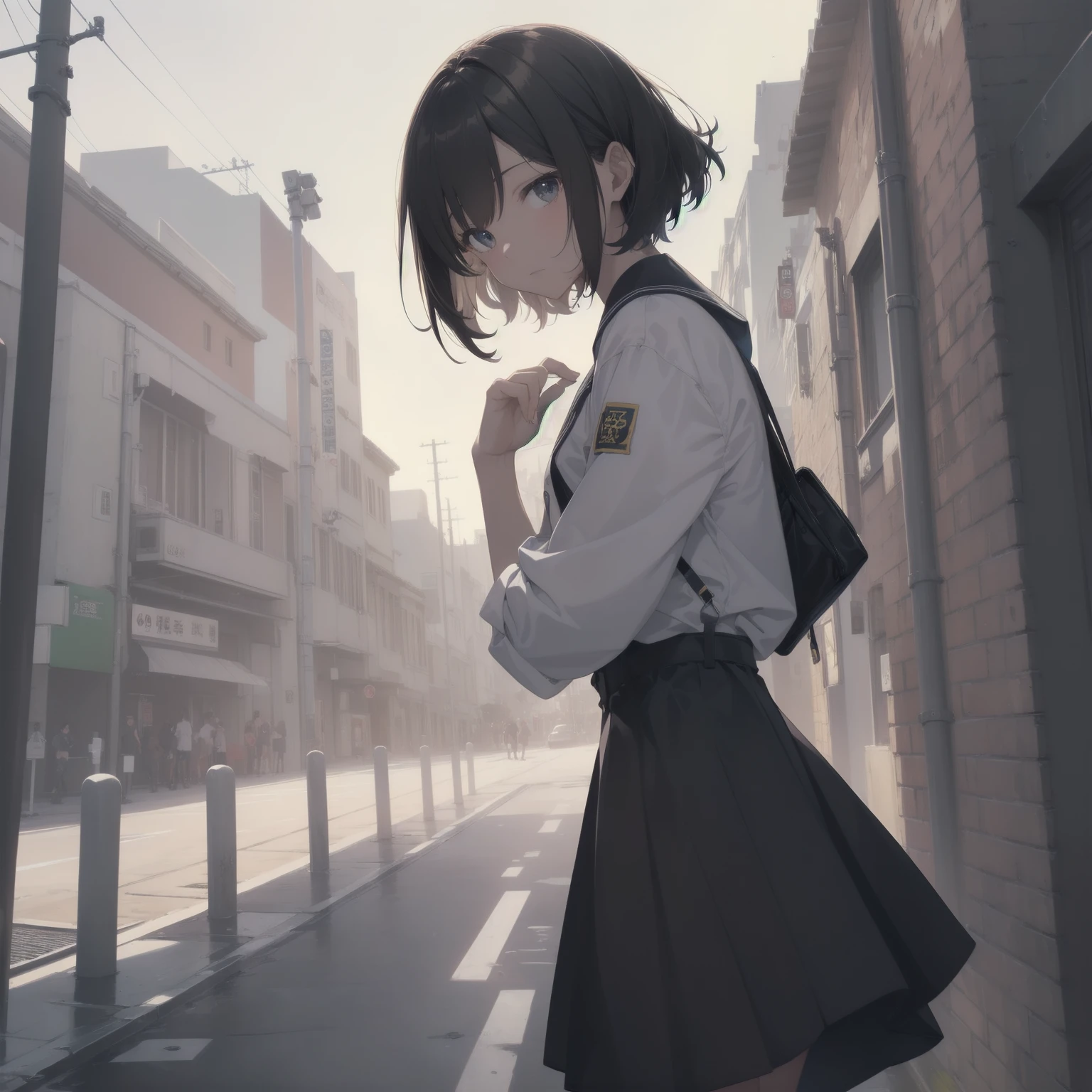ultra-absurdres-Top quality by artist God, ultra-detailed, high resolution, anime moe artstyle, best anime 8k konachan wallpaper, pixiv contest winner, pool:2810, perfect ???????,break, 1girl, (Please draw a girl walking sleepily to school alone. )break,(Solo,little female, 13-year-old:1.3),Full limbs, complete fingers,a junior high school student, (very short hair), short cut, flat chest, , small butt, small black eyes, beautiful detailed eyes, well-proportioned iris and pupils, expressive eyes, highres detailed hair, soft expression, salor school_uniform, sailor collar, serahuku, bow, pleated skirt,(Detailed Lighting), (Detailed background), in the School commute route. break,super detailed skin, Best cinematic lighting powered by famous artist, 8k,beauty illustration,photoshop_(medium),very aesthetic,break,((artist:kashikaze )), artist:clamp ,artist:carnelian ,artist:kantoku ,
