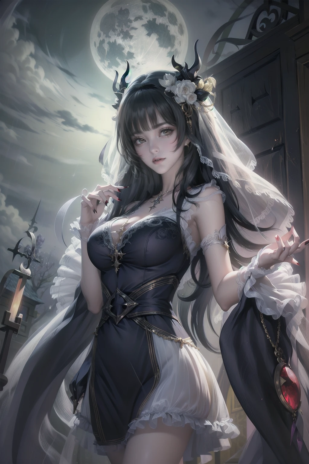 Create an image set with a photorealistic dark chapel, Illuminated only by moonlight, Featuring an anime-style girl character as the central character. She is portrayed as an evil guru., She is wearing a jet black dress with a striking black veil., Pale skin, And long black nails. Her eyes are bright red, Adding to her eerie presence. Pagan God々Surround her with symbols of, Integrating them into the dark chapel environment. The contrast between the realistic chapel and the stylized anime girl should be striking., Emphasizing the integration of various artistic mediums.