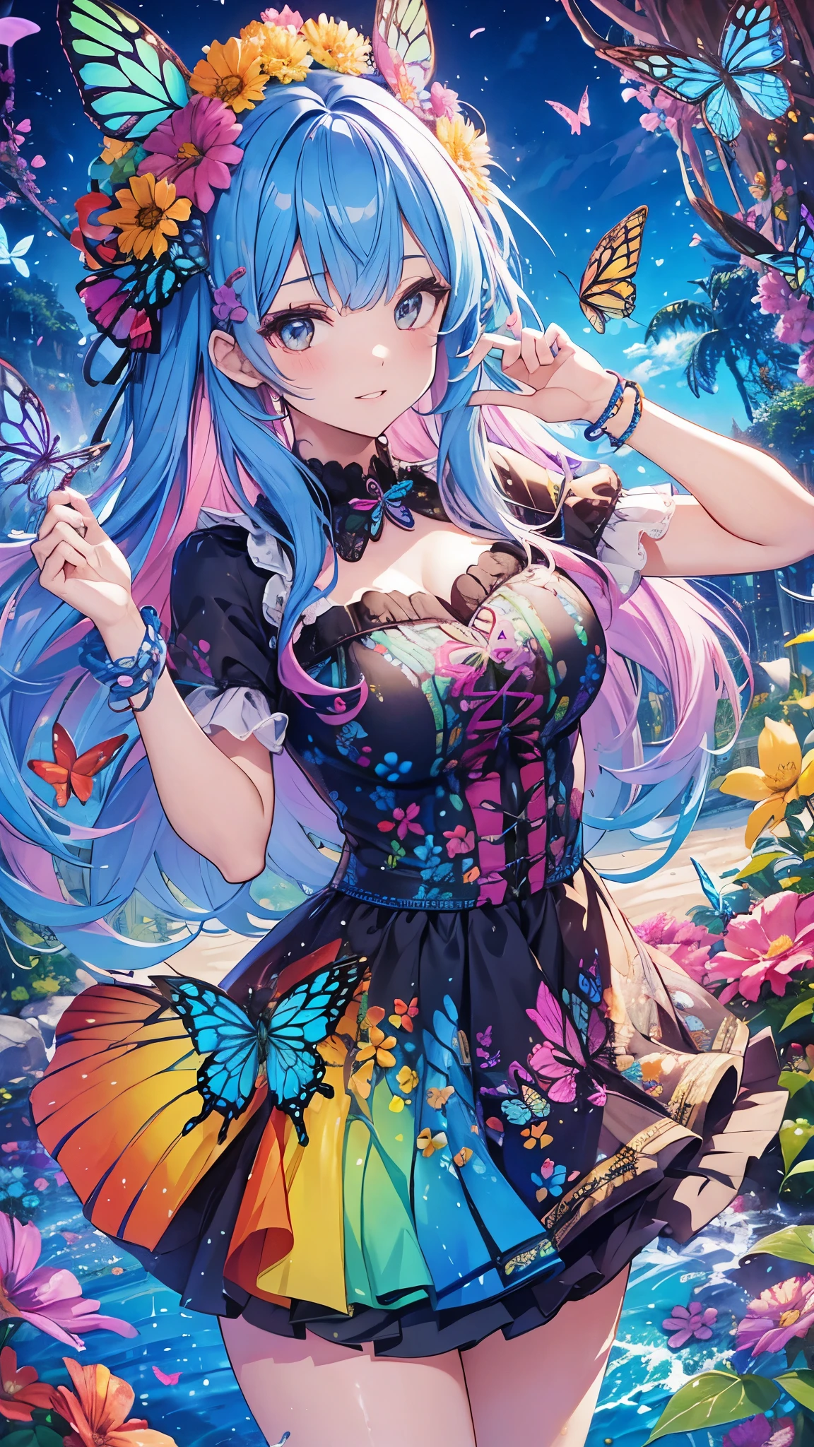 Cute woman with rainbow hair, Colorful butterflies, water, Colorful flowers