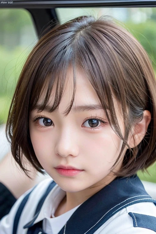((Cute 15 year old Japanese))、on the road、Highly detailed face、Pay attention to the details、double eyelid、Beautiful thin nose、Sharp focus:1.2、Beautiful woman:1.4、Very short hair、Pure white skin、Highest quality、masterpiece、Ultra-high resolution、(Realistic:1.4)、Highly detailed and professional lighting、nice smile、Japanese school girl uniform