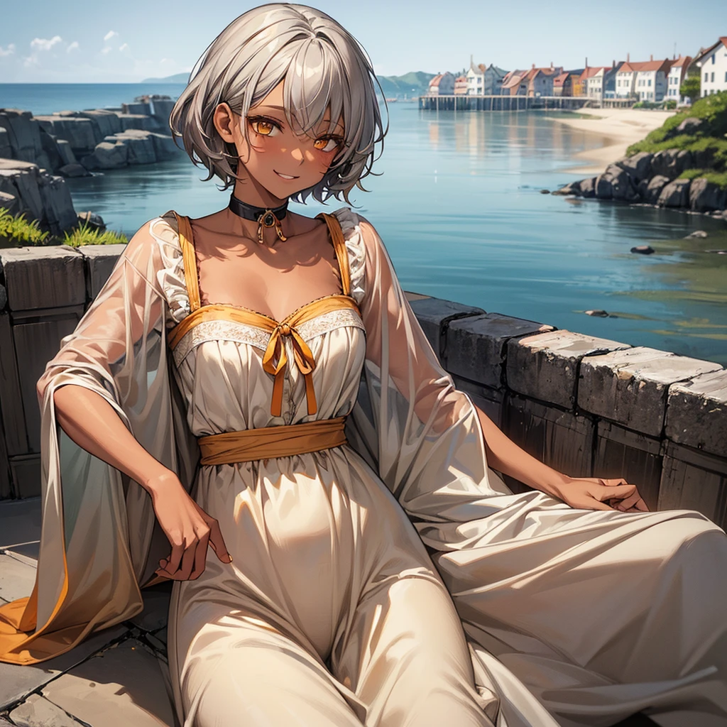 masterpiece, Highest quality, Perfect Face, Highest Resolution, Highest quality,Detailed depiction of the eyes, 8k, 1 girl, young, dark tan skin, slate gray hair, short hair, upturned eyes, Yellow Orange eyes, ribbon choker, Seaside house, relax and enjoy, little smile,  Perfect Anatomy