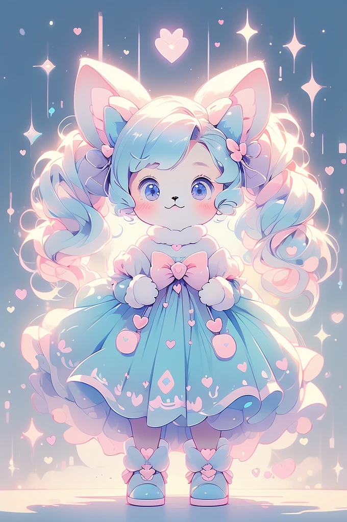 (pastel:1.2)、(Chibi Girl:1.2)、Ezvian everywhere、Long twin tails、Bow and Bow、Heart Eyes、Fluffy dress、Fun expression、Fluffy robot cat_Floating、Fluffy cat_hold、original、Chalk doodle background、Colorful gradient