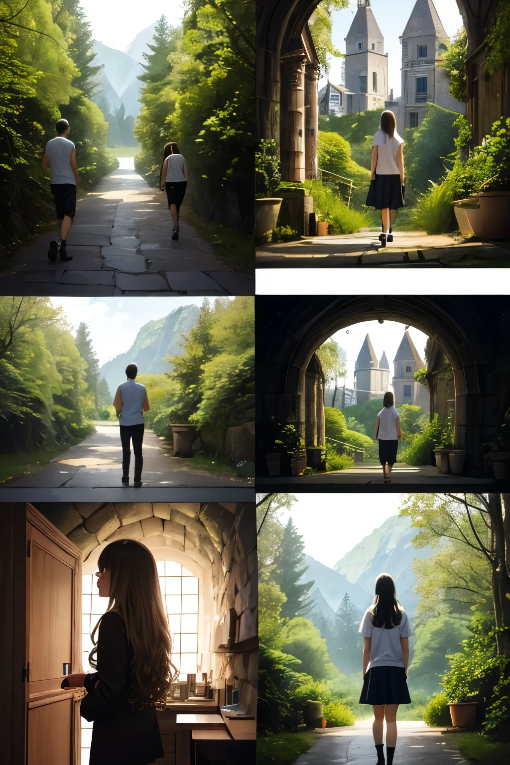 Generate thirst with 8 images of two teenagers in the forest, in a tower in the forest, in a cave with a mirror A teenager with curly black hair and another with long straight blonde hair With an American face