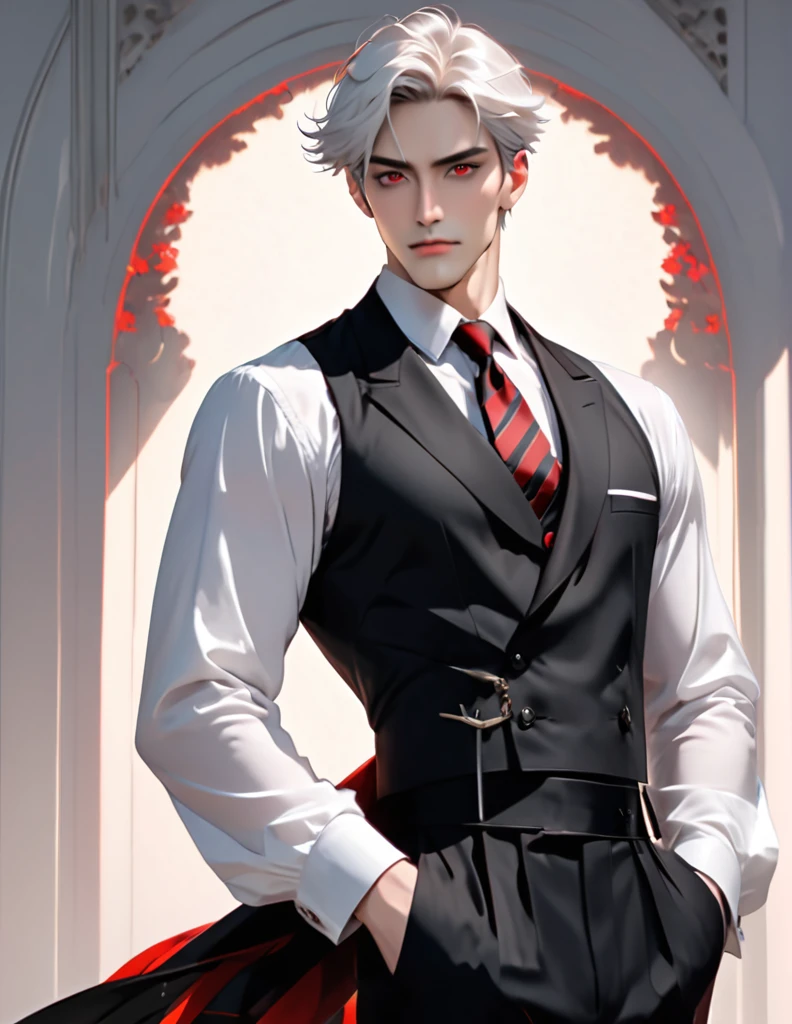 A portrait of white hair man((short))((black stained ))hair, slander red eyes, fair skin, good-looking, tall, handsome(claer face),fit.
Outfit: A white shirt, black(red stripe)necktie, black vest . belts around arm, left leg. black trousers, socks, black slingbacks.
(( radient light., handsome, daddy,))((1man,solo,onlyman))
add_detail:1, add_detail:0, add_detail:0.5, highest quality, High resolution, unity 8k wallpaper, (shape:0.8), (Beautiful and beautiful eyes:1.6), Highly detailed face, Perfect lighting, Extremely detailed CG, (Perfect hands, Perfect Anatomy),