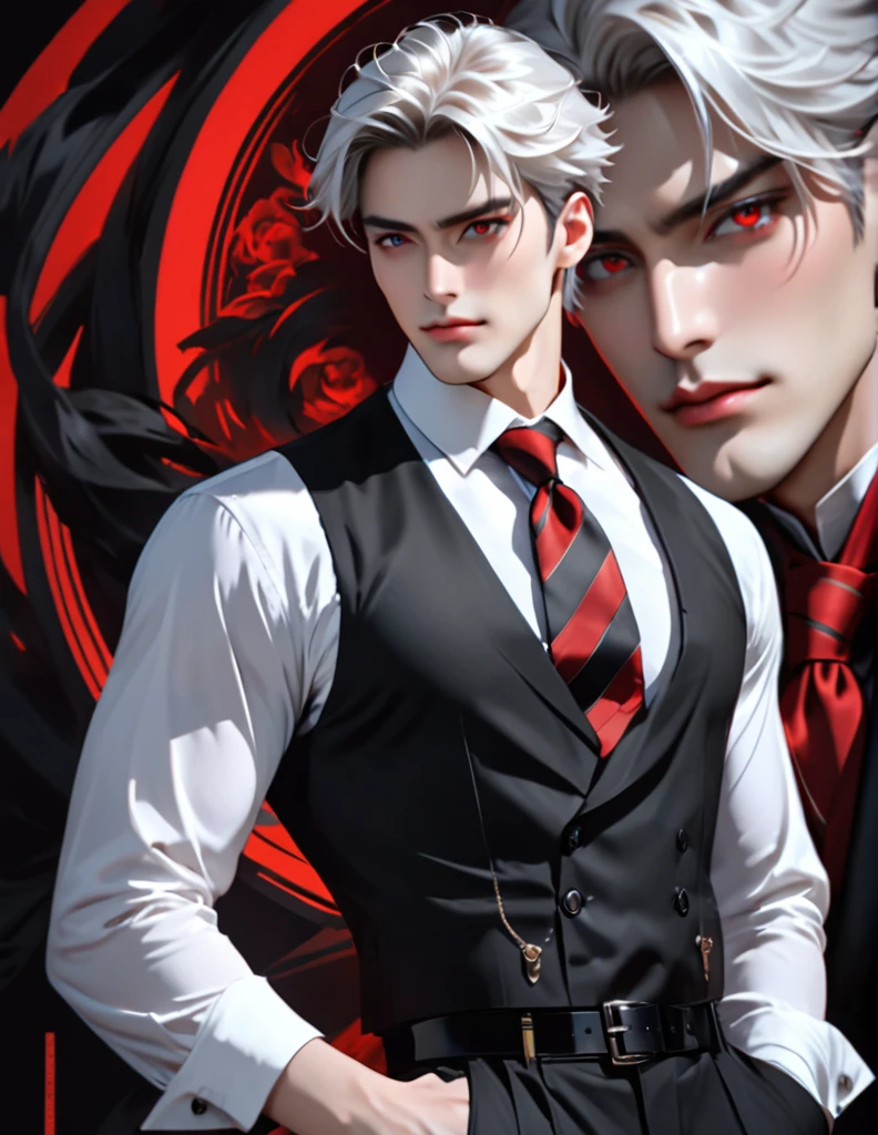 A portrait of white hair man((short))((black stained ))hair, slander red eyes, fair skin, good-looking, tall, handsome(claer face),fit.

Outfit: A white shirt, black(red stripe)necktie, black vest . belts around arm, left leg. black trousers, socks, black slingbacks.

(( radient light., handsome, daddy,))((1man,solo,onlyman))

add_detail:1, add_detail:0, add_detail:0.5, highest quality, High resolution, unity 8k wallpaper, (shape:0.8), (Beautiful and beautiful eyes:1.6), Highly detailed face, Perfect lighting, Extremely detailed CG, (Perfect hands, Perfect Anatomy),