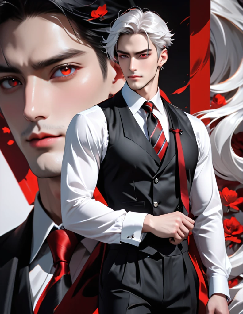 A portrait of white hair man((short))((black stained ))hair, slander red eyes, fair skin, good-looking, tall, handsome(claer face),fit.
Outfit: A white shirt, black(red stripe)necktie, black vest . belts around arm, left leg. black trousers, socks, black slingbacks.
(( radient light., handsome, daddy,))((1man,solo,onlyman))
add_detail:1, add_detail:0, add_detail:0.5, highest quality, High resolution, unity 8k wallpaper, (shape:0.8), (Beautiful and beautiful eyes:1.6), Highly detailed face, Perfect lighting, Extremely detailed CG, (Perfect hands, Perfect Anatomy),