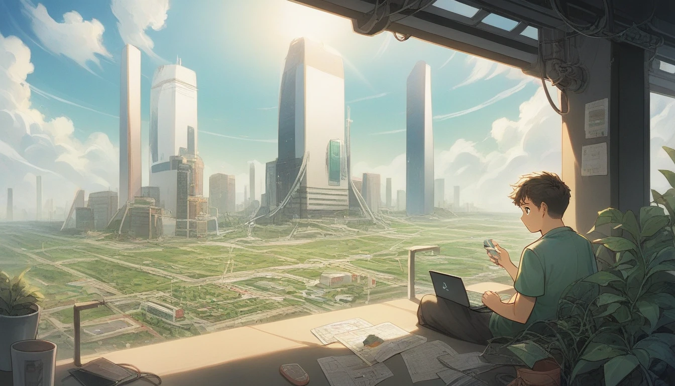 In the foreground, a diverse gryo yof young people, each with a digital device like a laptop, tablet, or smartphone, is actively working together. They are surrounded by green spaces, with trees and plants visibly flourishing around them. Some are programming, while others are analyzing data or designing eco-friendly projects.  In the background, you see a modern, eco-friendly cityscape. Buildings with green roofs and solar panels line the horizon, and wind turbines spin gently. The sky is clear with a bright sun, symbolizing a bright future.  Incorporate elements like digital interfaces, charts, or graphs that illustrate progress and innovation. You might also include symbolic representations of sustainable energy sources, like solar panels or electric vehicles, to emphasize the impact of digital skills on sustainable development
