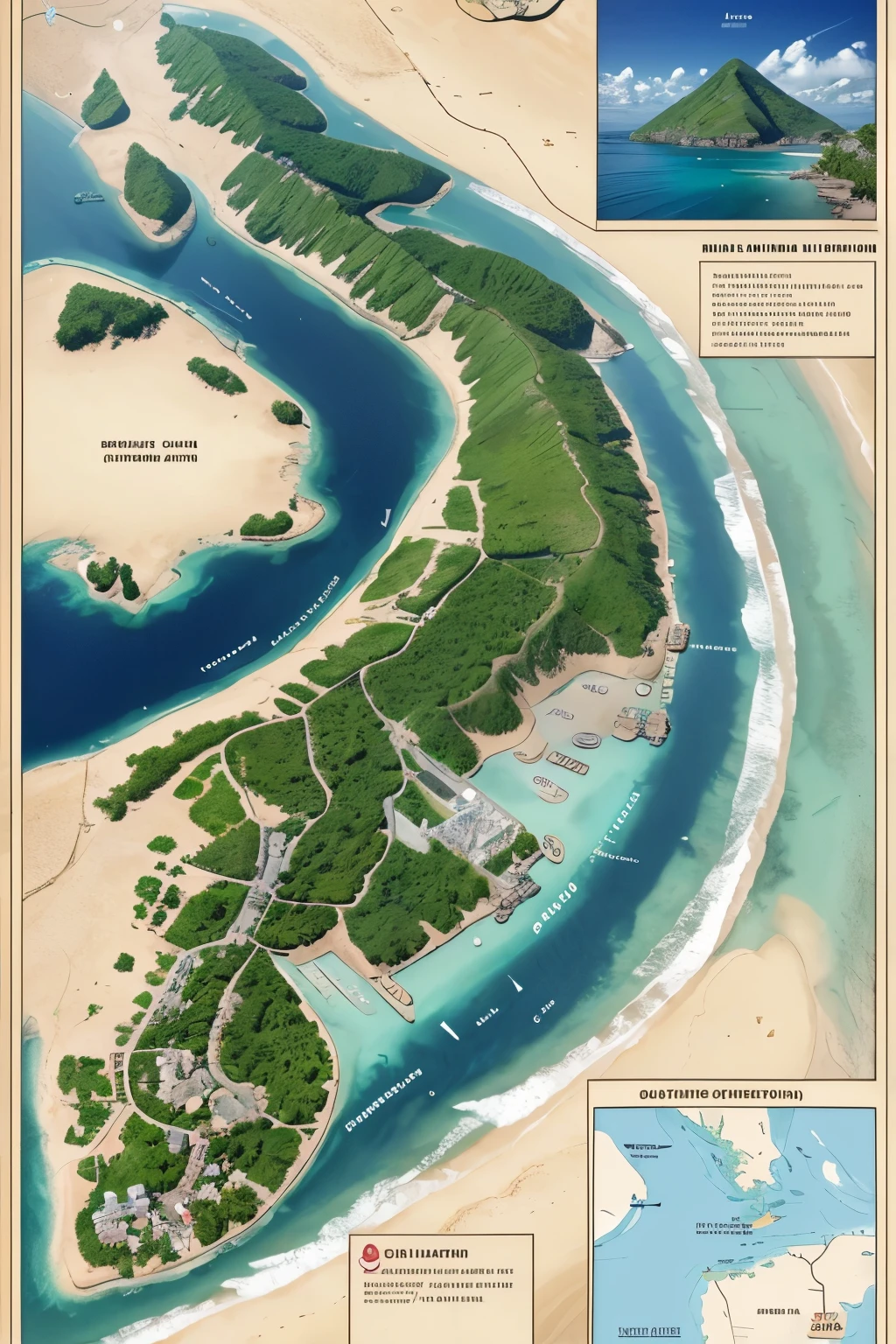 "Create a detailed map of the Mahayana Archipelago with the following islands and features:

Ilha de Avalokiteshvara:

central, irregularly shaped.
Include dense forests, rivers and tourist attractions.
Mark tribal areas.
Isle of Cain:

More isolated location, with arid terrain and urban areas.
Highlight regions associated with trafficking with distinct symbols or colors.
Sophia Island:

quiet, with beaches, villages and research areas.
Minor Islands:

Scattered around the main islands.
Include beaches and historical points in each one.
Traffic Areas:

Mark regions of human trafficking, of drugs and animals.
Use specific colors or symbols for these areas.
Natural resources:

Tropical florests, mountains and lagoons on all islands.
Cities and Villages:

Indicate major cities and towns with icons and labels.
Caption and Names:

Include a legend to identify key areas and label islands, cities and tourist attractions.
format: Include all islands on the map, with clear details and labels. Use a natural color palette and add textures for depth."