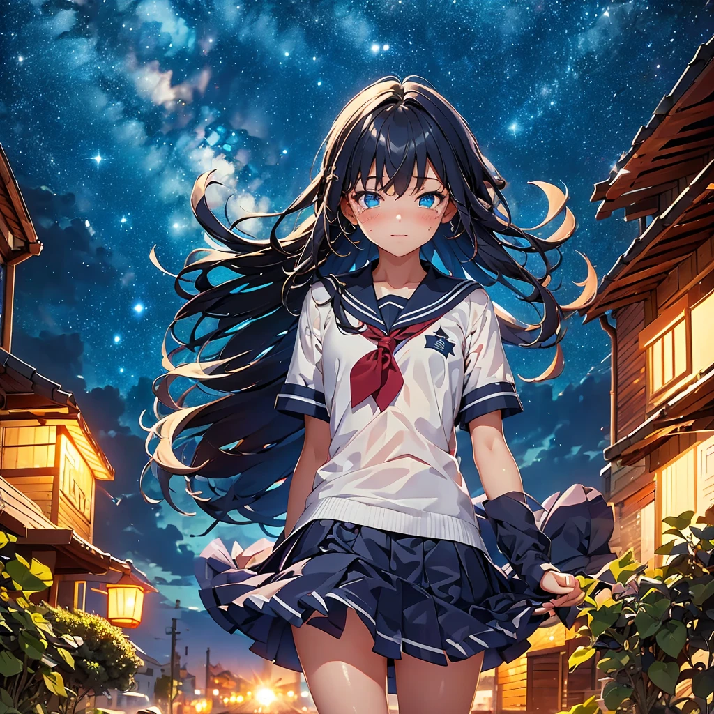 The bottom of the sea, deep sea, scenery, Starry Sky, night, One girl, alone, Outdoor, Are crying, Long Hair, White skin, silhouette, Short skirt